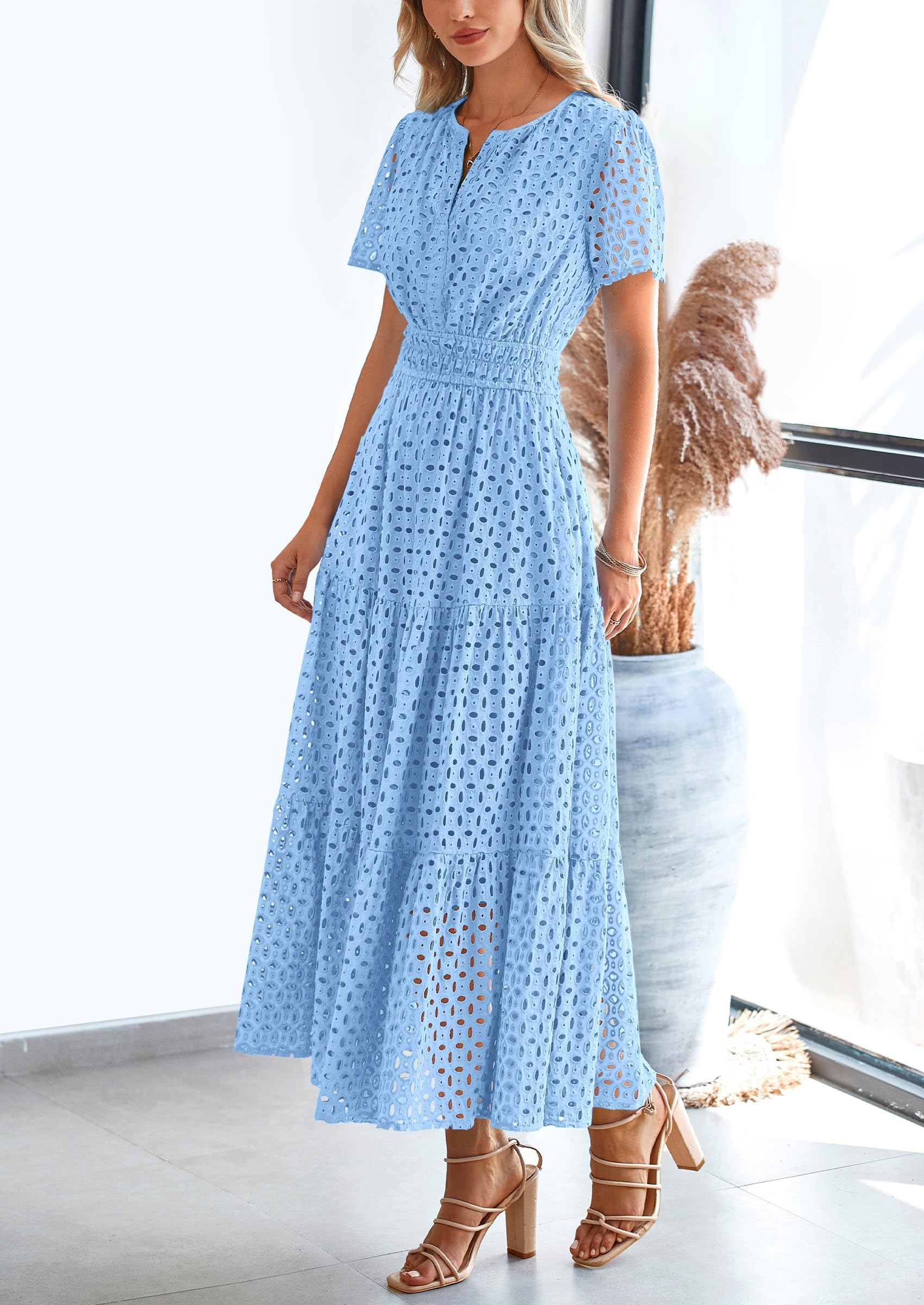 PRETTYGARDEN Womens 2026 Summer Maxi Dress Short Sleeve V Neck Hollow Out Eyelet A Line Long Flowy Beach Vacation Dresses: Light Blue Large