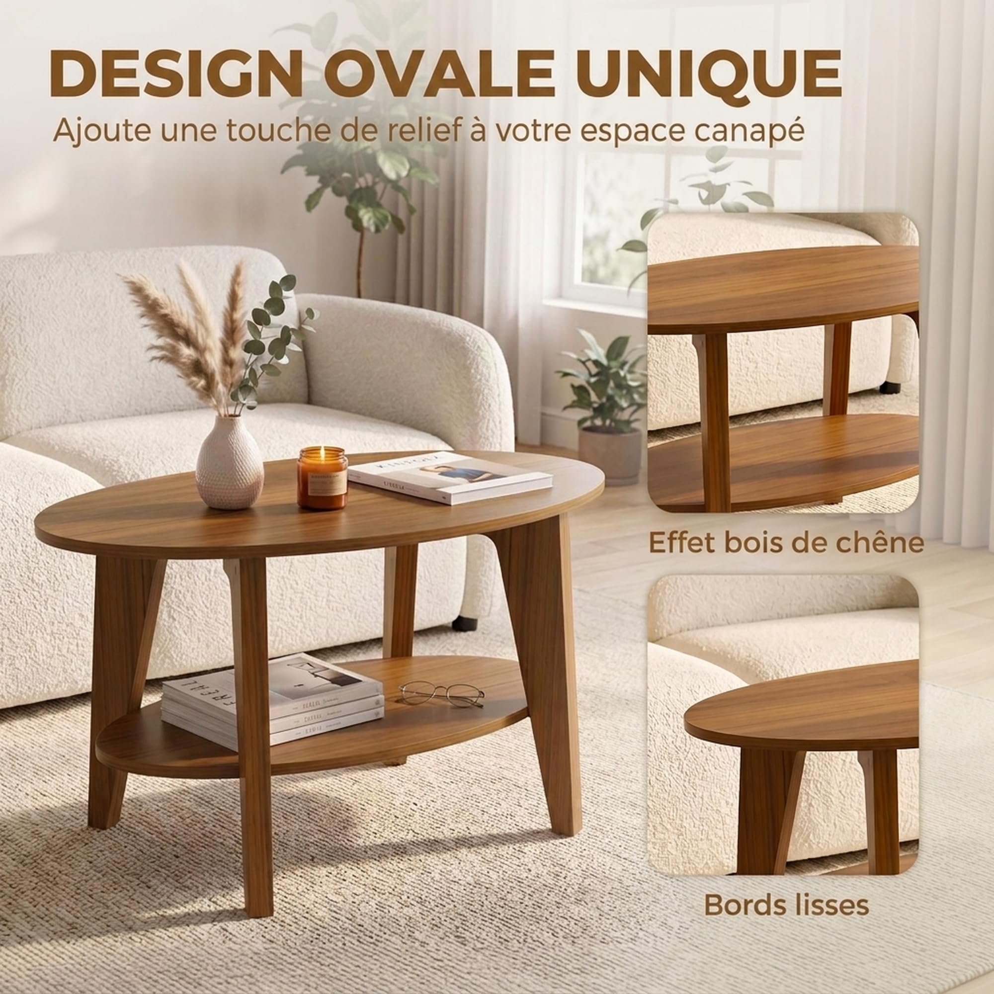 HOMCOM Table Basse Ovale à 2 Niveaux Étagère Ouverte 80x50x45 cm Chêne