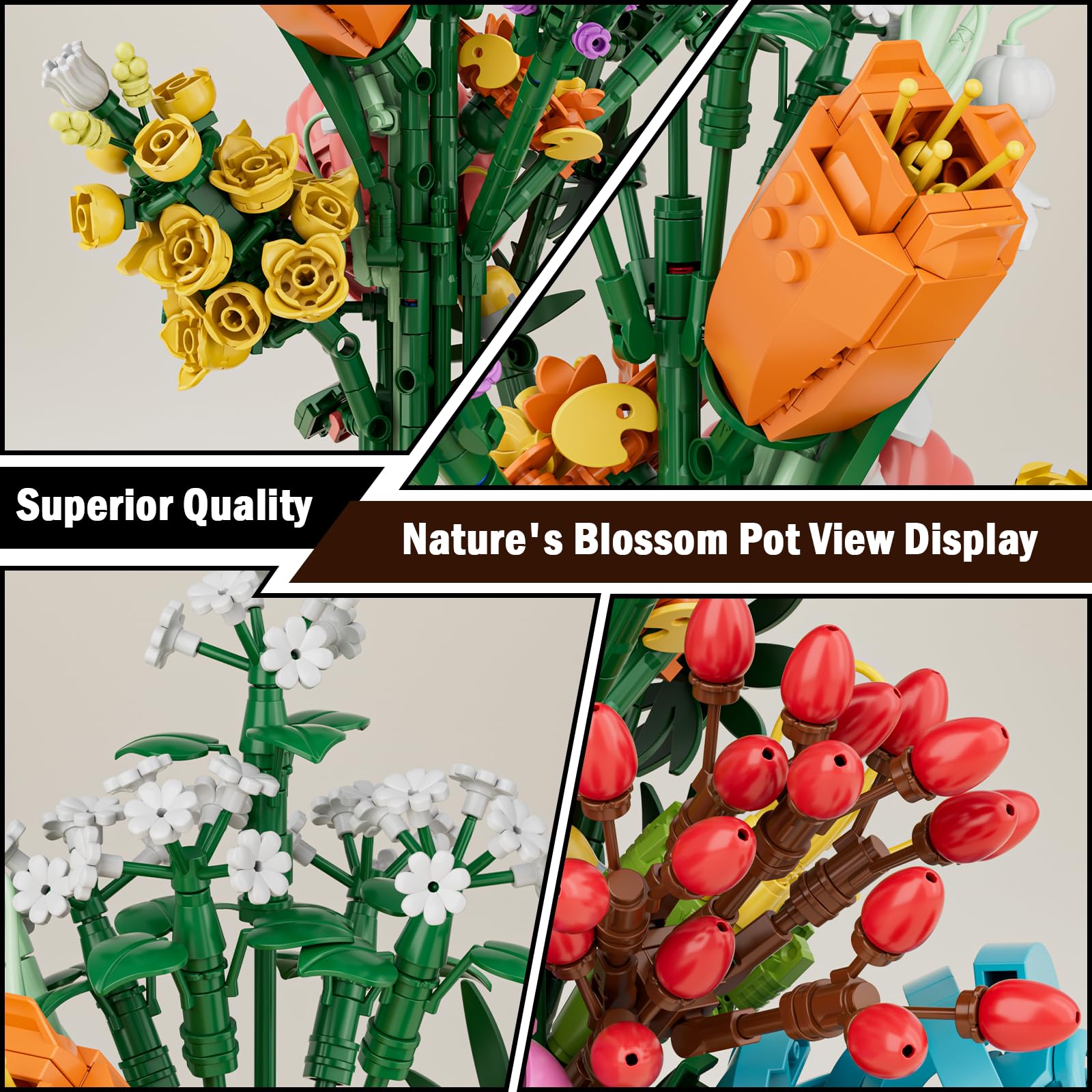 Mould King Geheimnis Blumen Bausteine, 1189 Teile Blumenstrauß Klemmbausteine Bausatz, Mit Vase, Kunstblumen Pflanzen Modell, Geschenk für Frauen Mädchen