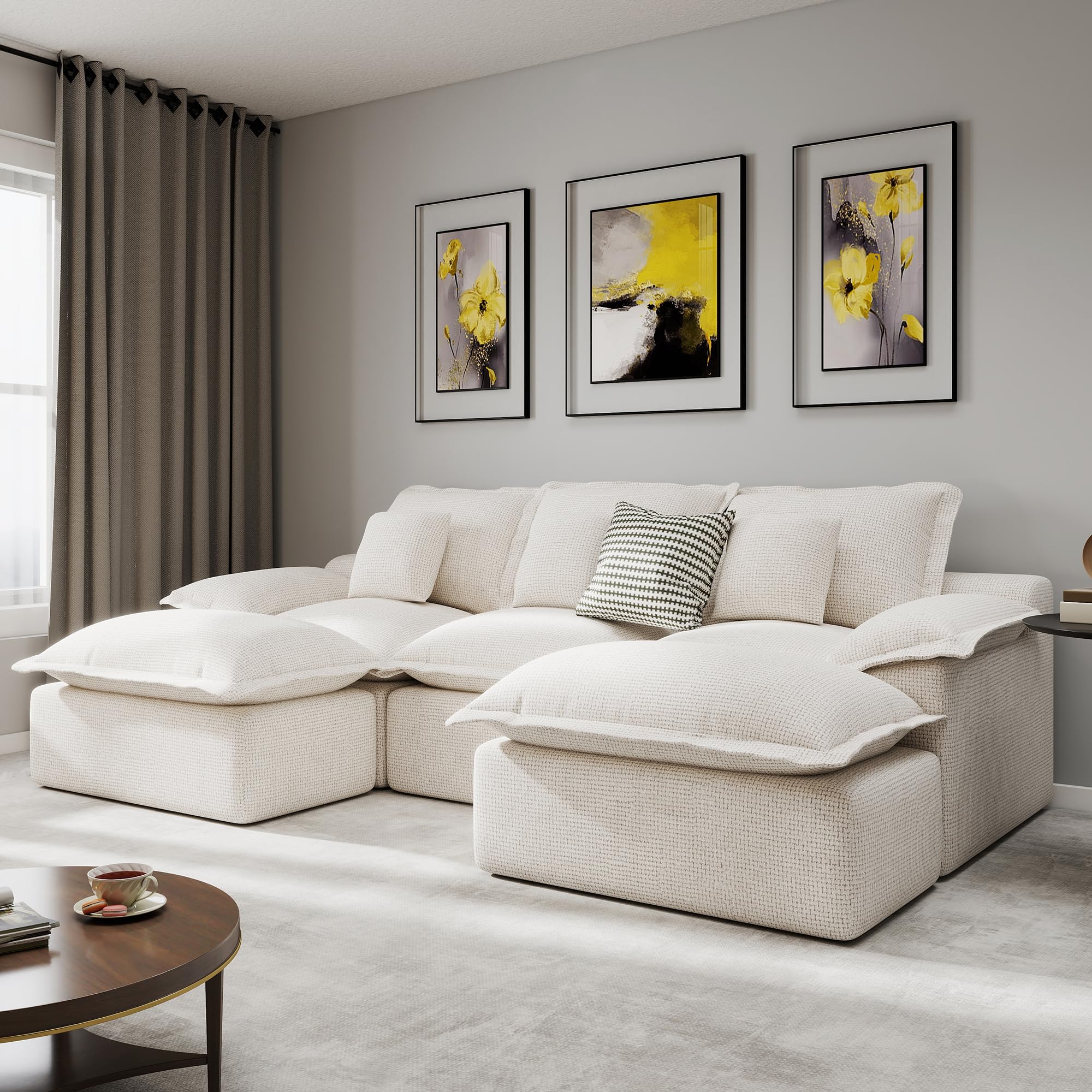 Modular Sectional Sofa 107'' Boneless Couches for Living Room 5-Seat Sofa with 2 Ottomans Cloud U Shaped Couch No Assembly Required Chenille Beige