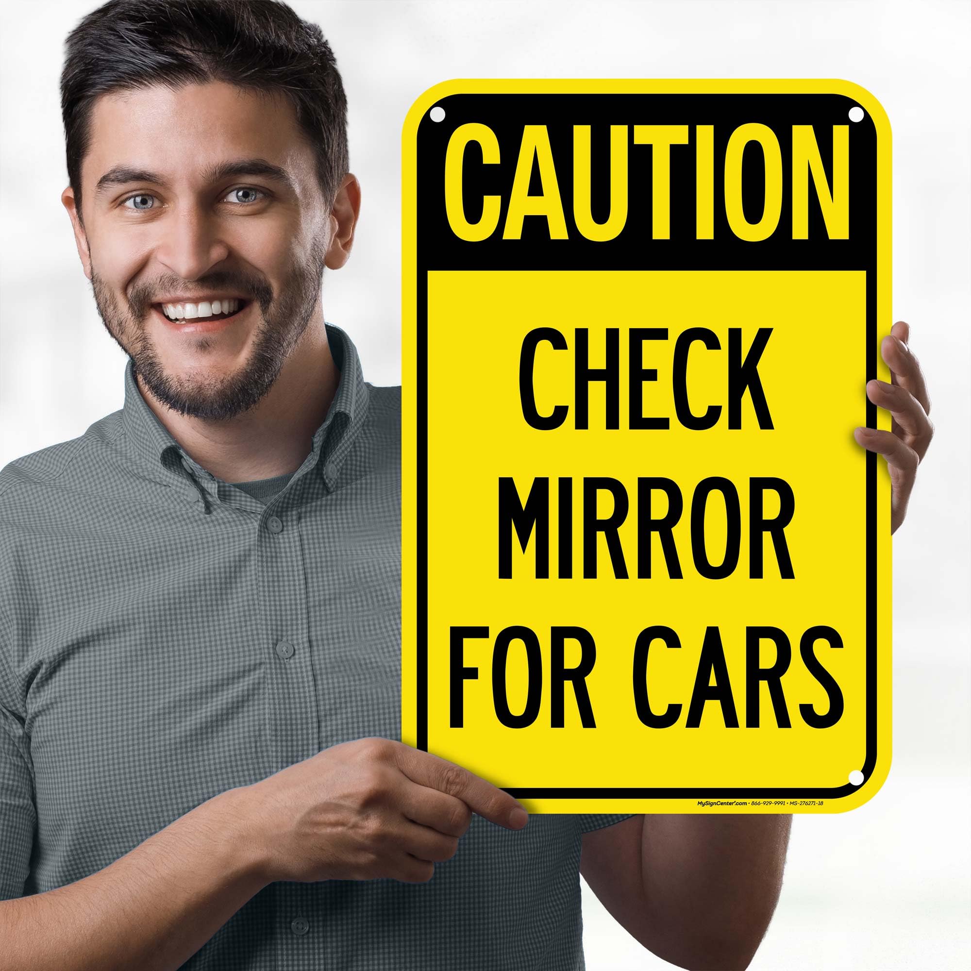 Caution Check Mirror For Cars Sign, 12x18 Inches, 55 mil thick HDPS (high density polystyrene), Made in USA by My Sign Center