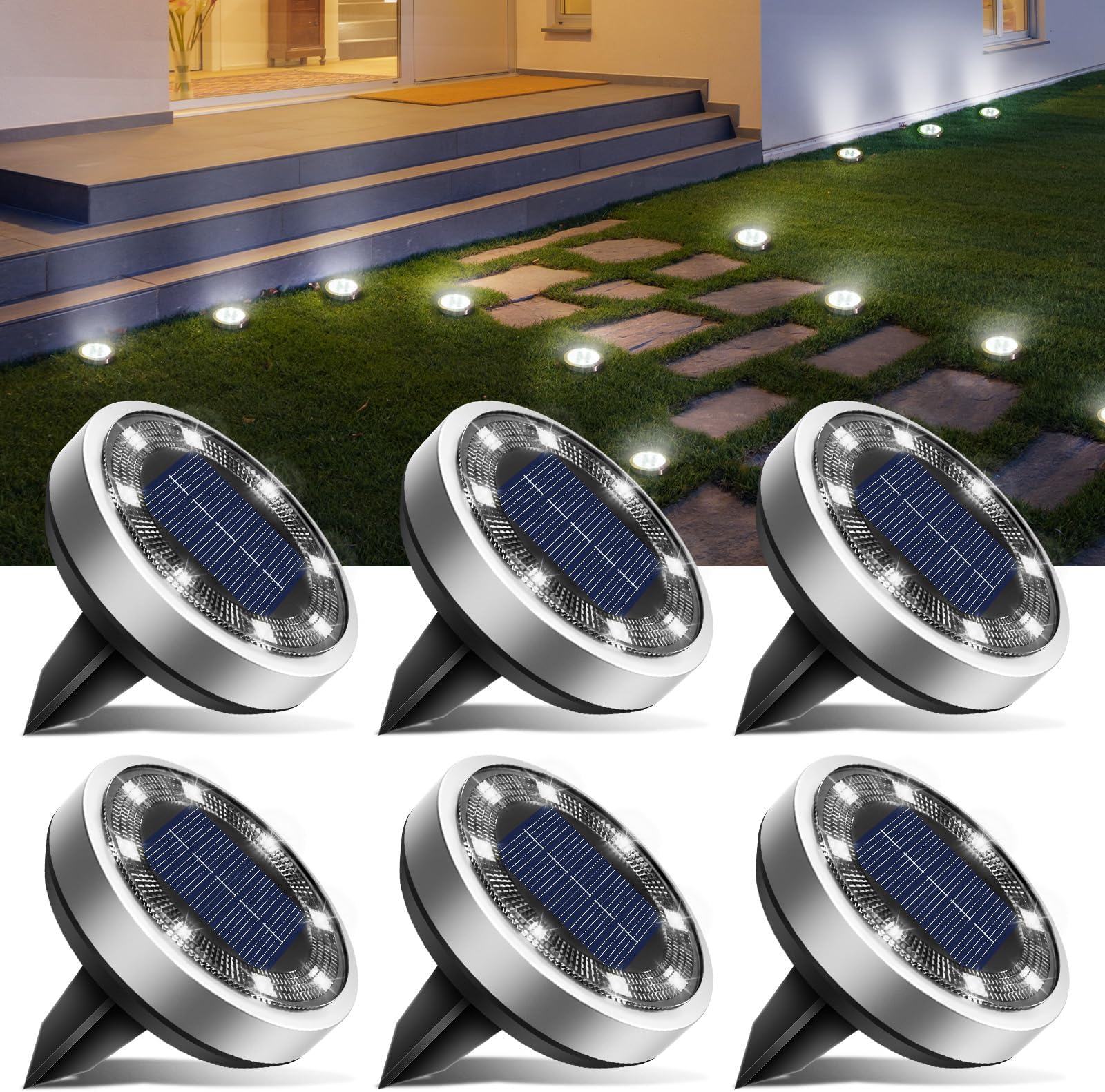 btfarm 6 Pack Solar Lights Outdoor, 8 LED Solar Ground Lights IP65 Waterproof Flat Solar Disc Light, Pathway Lights for Garden Lawn Patio Yard Path Landscape, Cool White