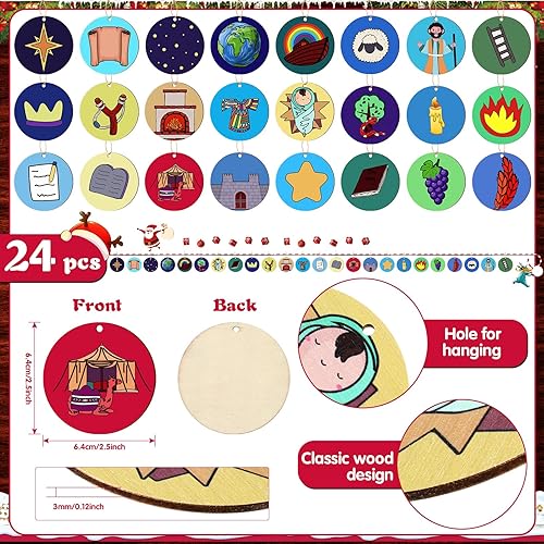Miniatura 3 de Remerry Juego de 24 adornos de árbol de Jesús de Adviento de 2.5 pulgadas, adornos colgantes de árbol de Jesse, símbolos de calendario de Jesús e