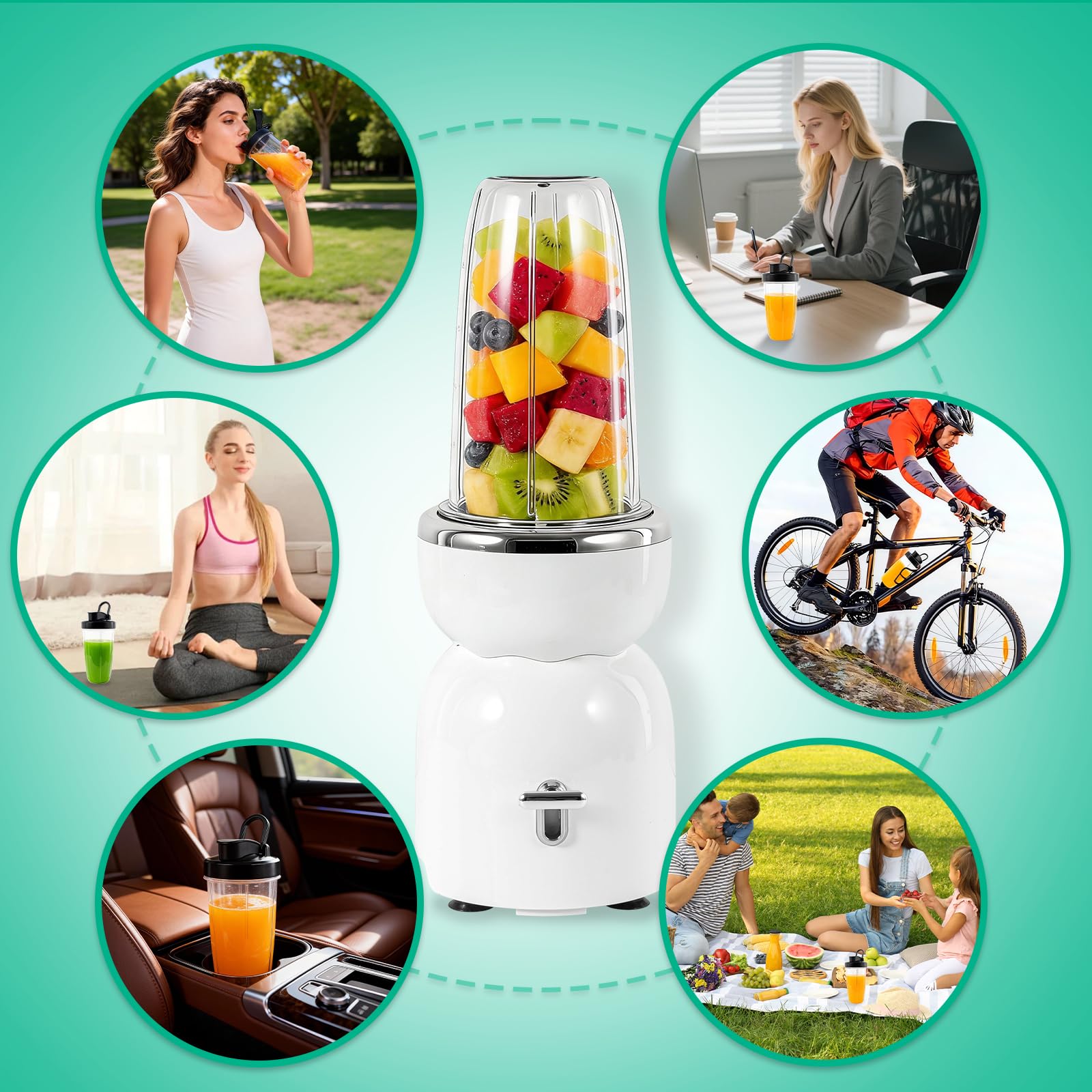 Licuadora portátil de 500 W, exprimidor de 25000 rpm, mezcla extractora de batidos, frutas congeladas, nueces y hielo, con 2 tazas ToGo de 500 ml, molinillo de 300 ml y 2 asas de transporte, ideal