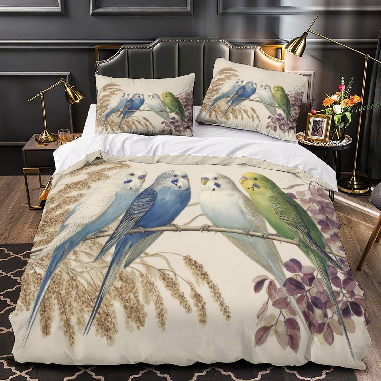 Parure de lit perroquet 3D en microfibre King 220x240cm avec housse de couette oiseau coloré