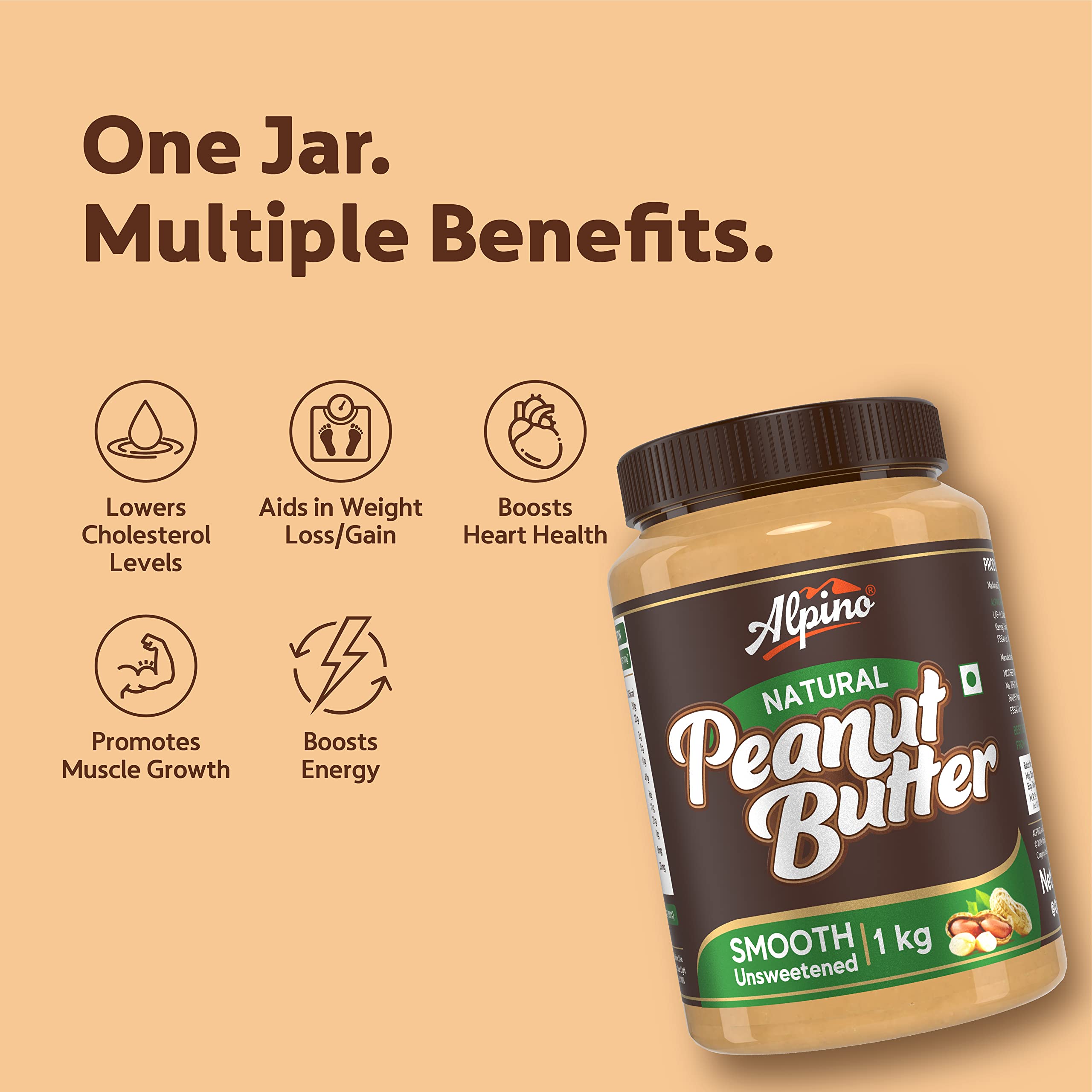 Alpino Natural Peanut Butter Smooth 1 KG Unsweetened 100 Roasted