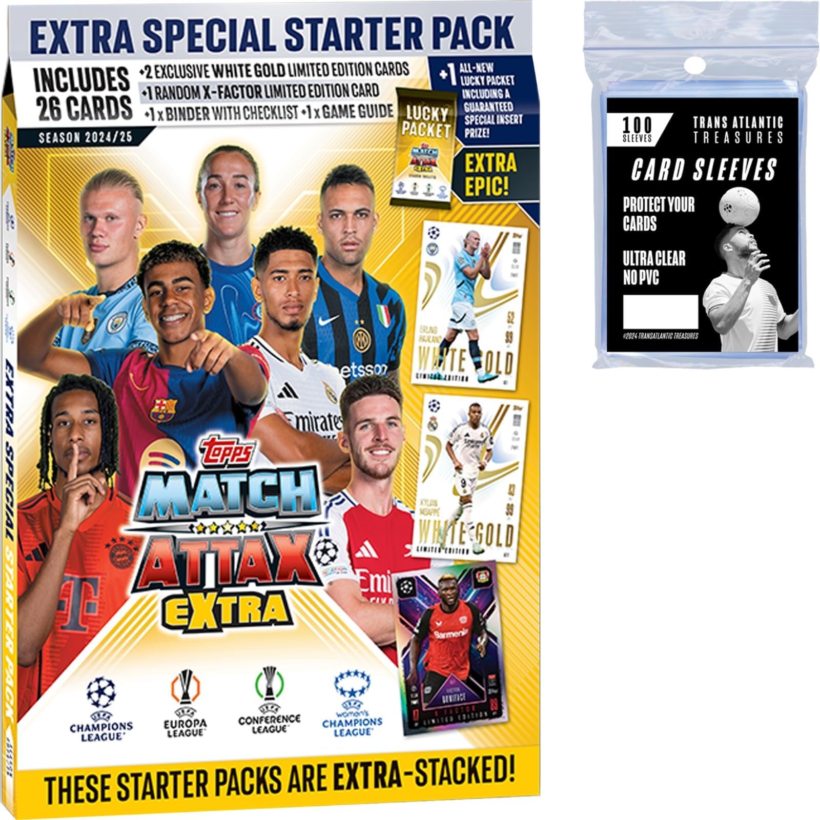 Topps Match Attax Extra Soccer Cards 24/25 Starter Pack + 100 Protectors, Includes 30 Cards, Binder, 2 Exclusive White Gold LE's, 1 X Factor LE