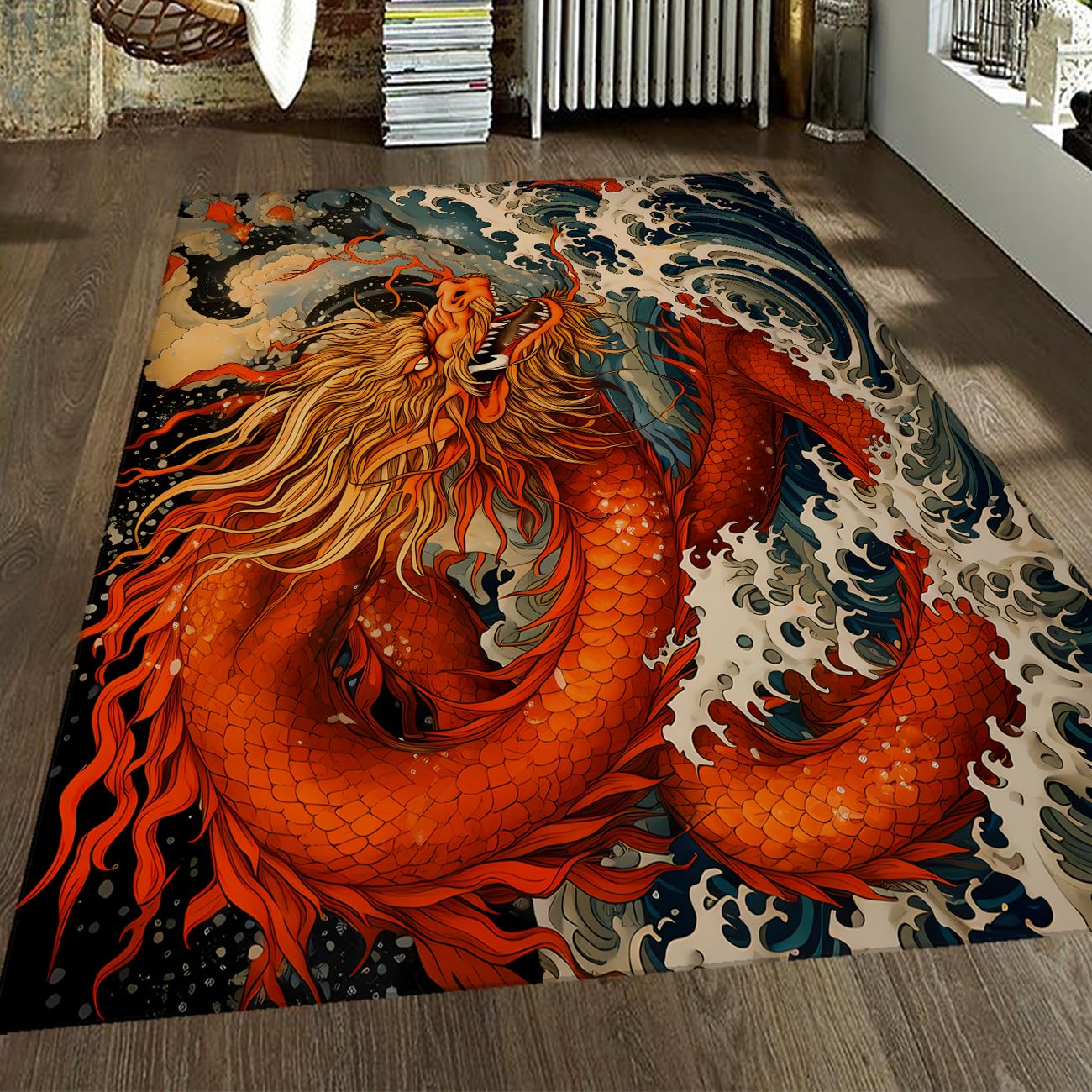 Tapis Zone Dragon Fantasy Tapis œuvres Vagues océan antidérapant Lavable Salon Chambre Salle Manger Cuisine Couloir Bureau Style Japonais Moderne Animaux Magiques 120x150cm