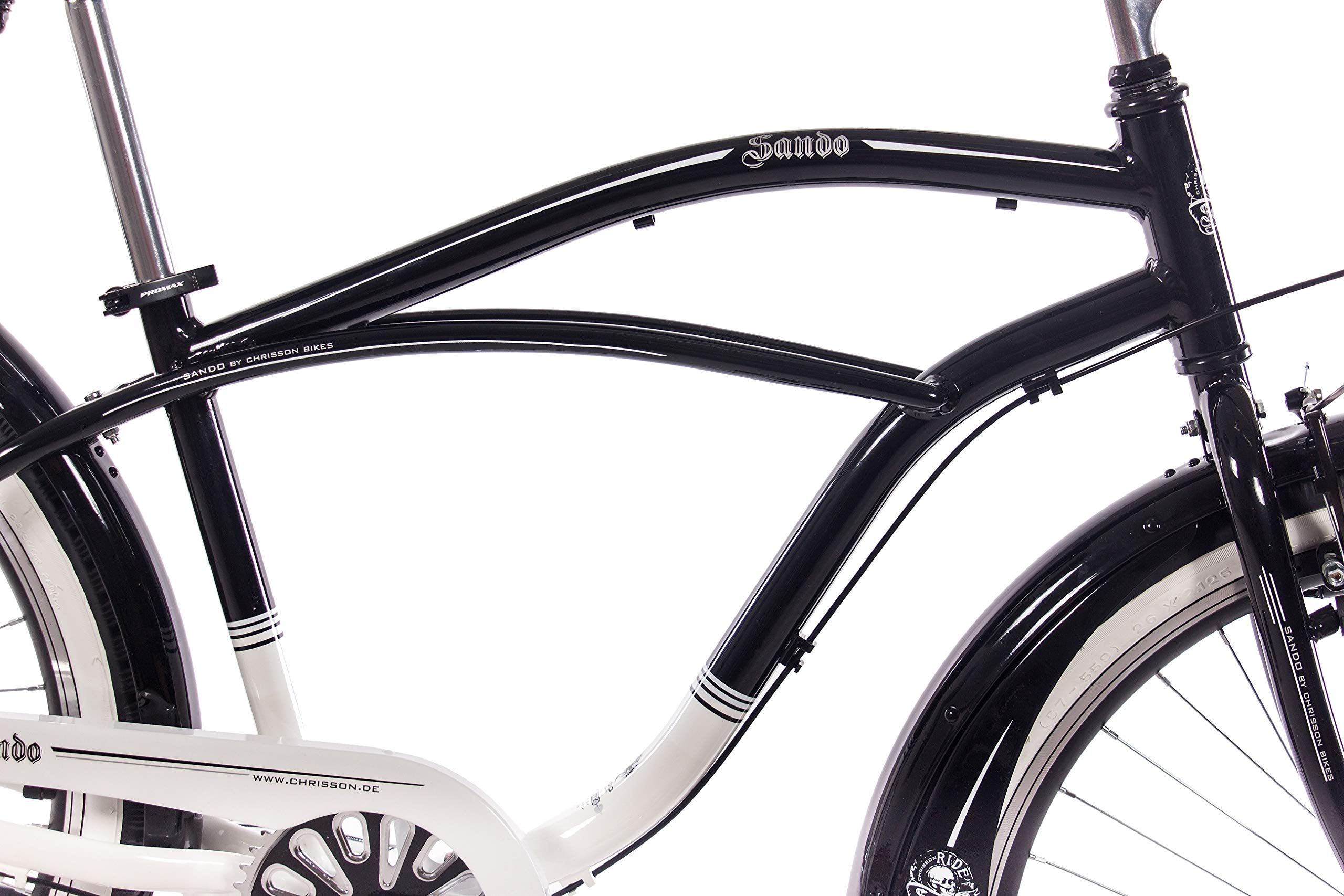 CHRISSON 26 Zoll Beachcruiser Sando schwarz Weiss mit 3 Gang Shimano Nexus Nabenschaltung, Damenfahrrad, Herrenfahrrad im Retro Look, Vintage Cruiser Bike