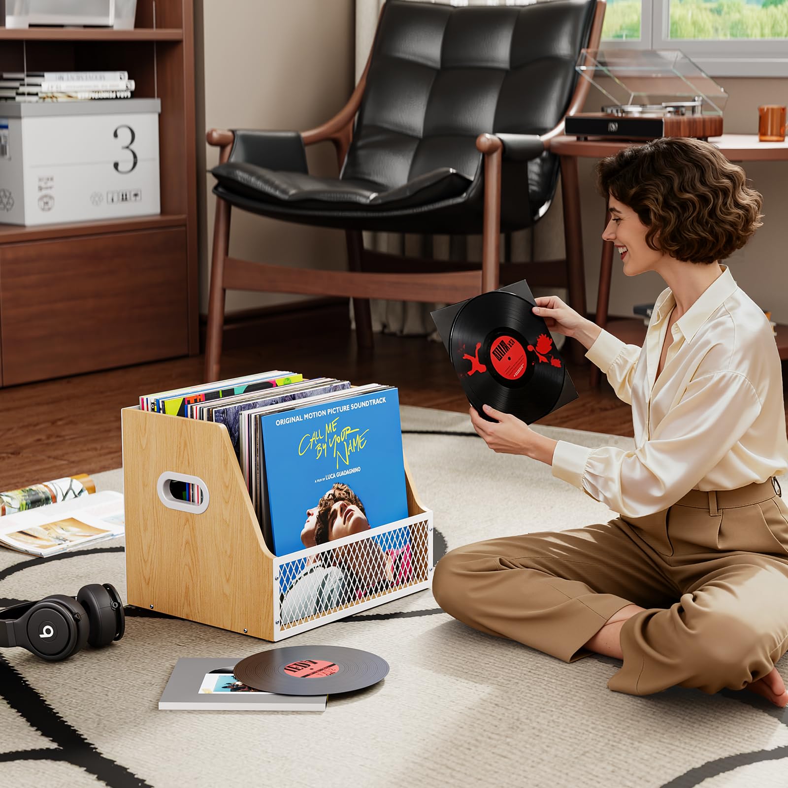 Contenitore per dischi in vinile, cassa in legno con divisori beige naturale