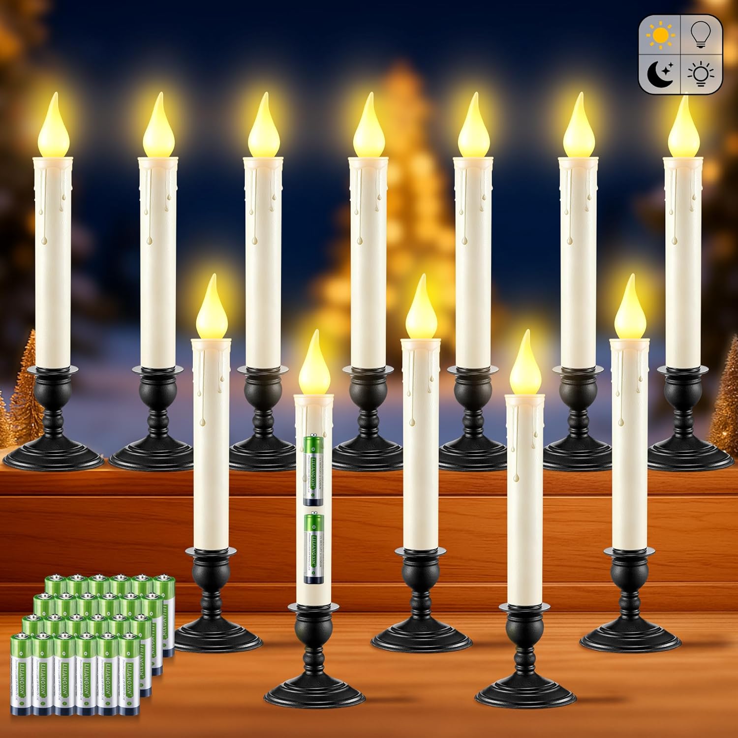 12 Pack Battery Operated Window Candles with Sensor Dusk to Dawn, Ivory Flameless Taper Candlesticks with Removable Black Base & Suction Cups, LED Candlestick for Christmas Decor Home, 24 AA Batteries