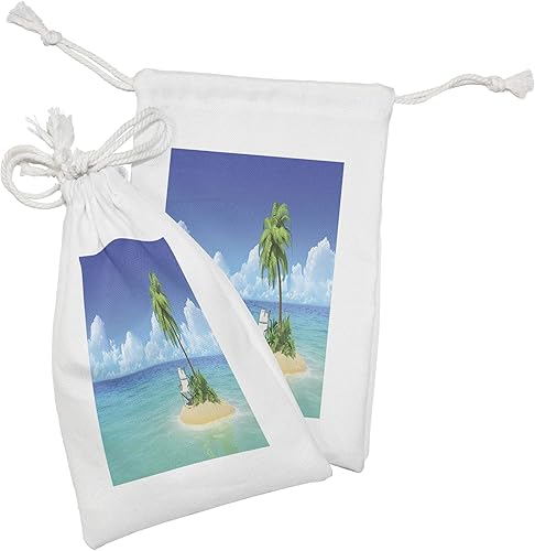 Miniatura 2 de Lunarable Coastal Fabric Pouch Set of 2, Desert Chaise Lounge Solitude Resting Holiday Tropic Resort Beach Leisure, Small Drawstring Bag for