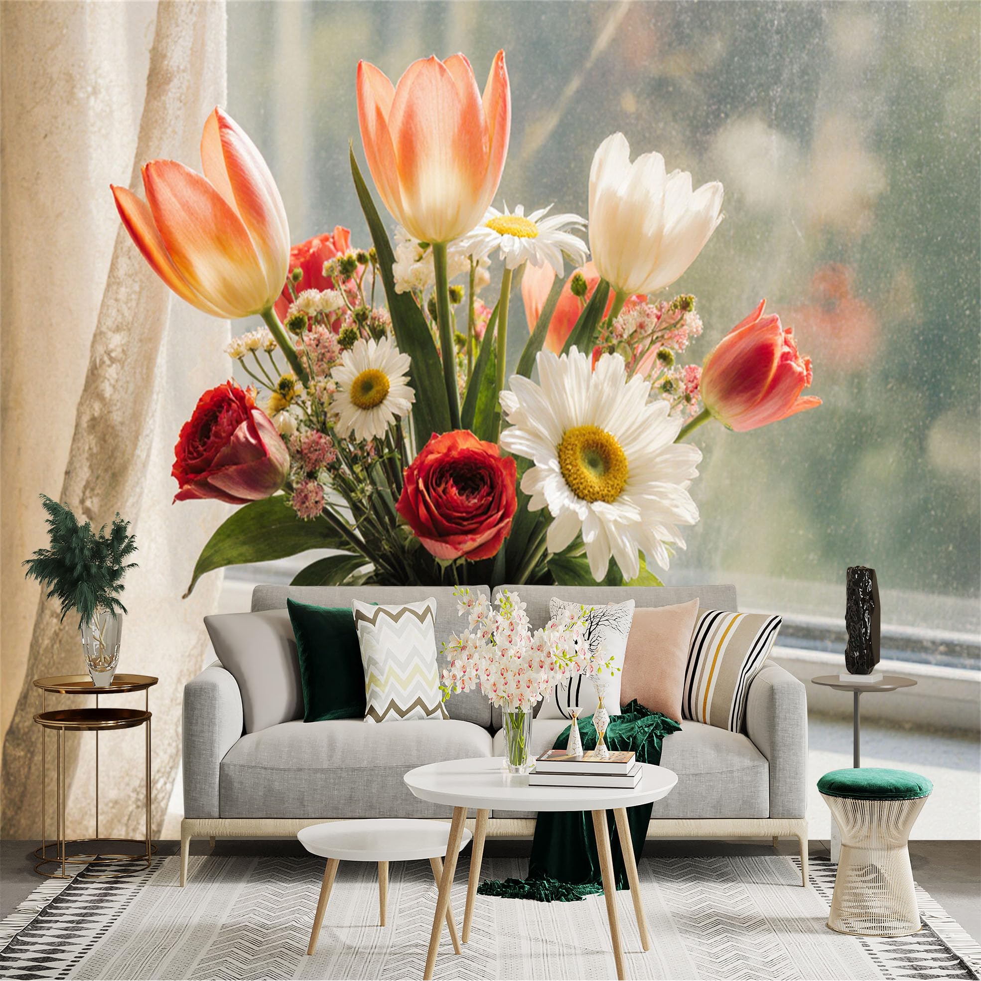 Custom Size Wall Sticker Mural， Spring Floral Bouquet， Colorful Tulips and Daisies， Elegant Ceramic Vase， Sunny Window Sill Decor， for wall Decoration， peelandstick wall Decals.