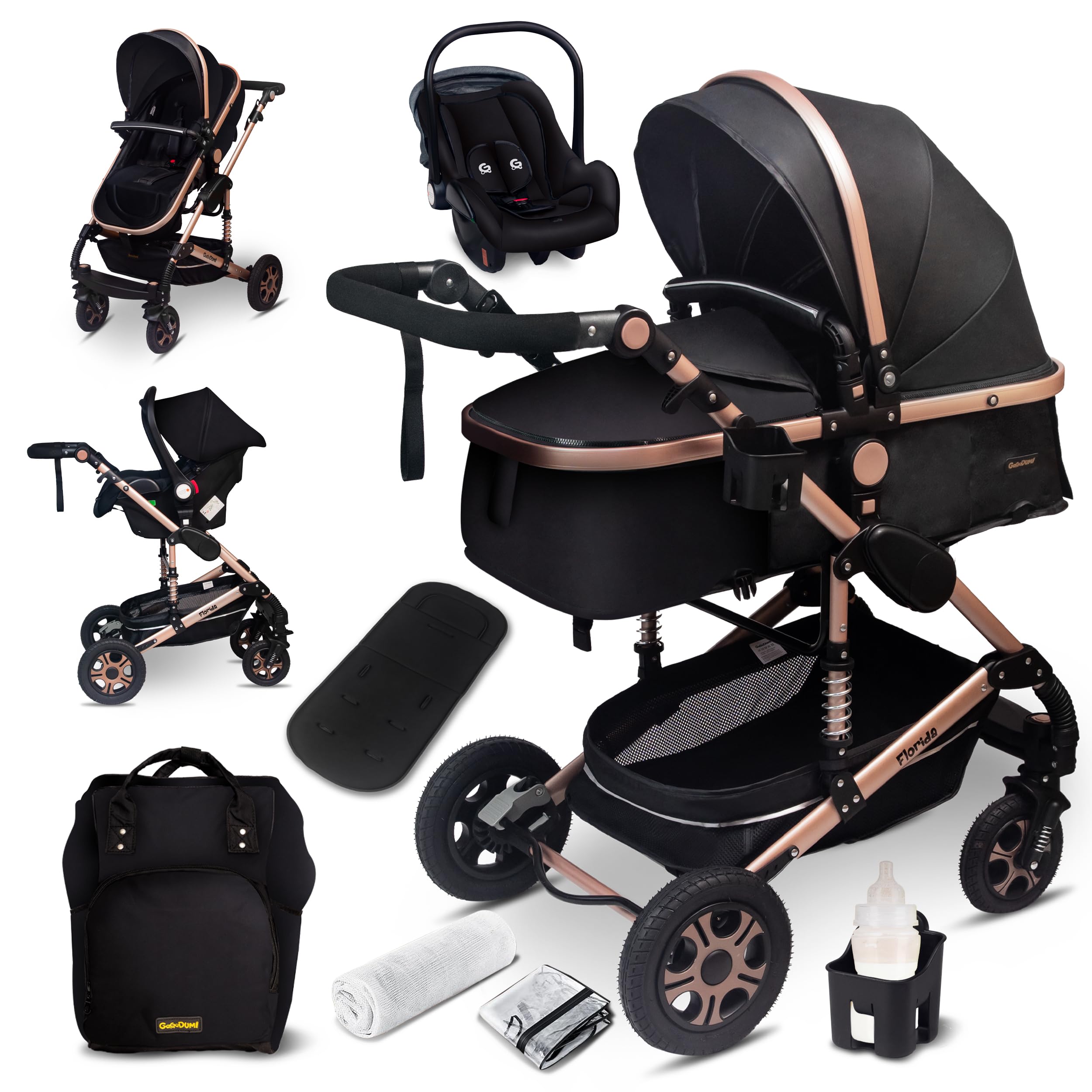 GaGaDumi Florida 3 in 1 Passeggino Trio, Carrozzina, Seggiolino Auto, Pieghevole, 0-36 mesi, Nero/Oro