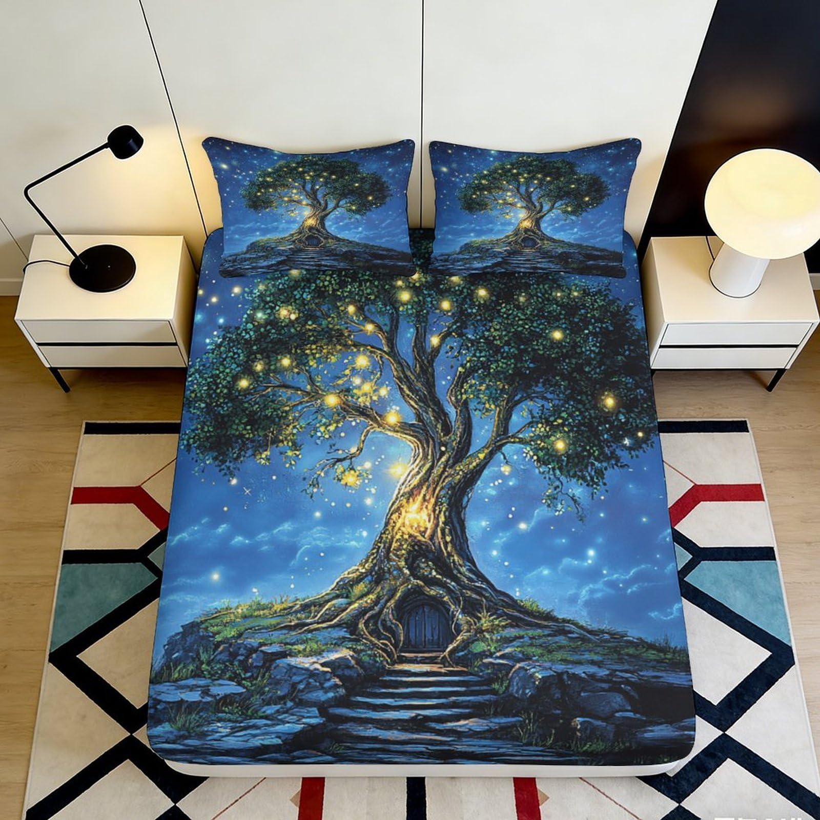 Pnayamiorkfel Style-3 3D Printed Enchanted Tree Fitted Sheet Microfiber Blue Night Forest Bed Cover For Bedroom Guest Room Decor 90X200x25cm