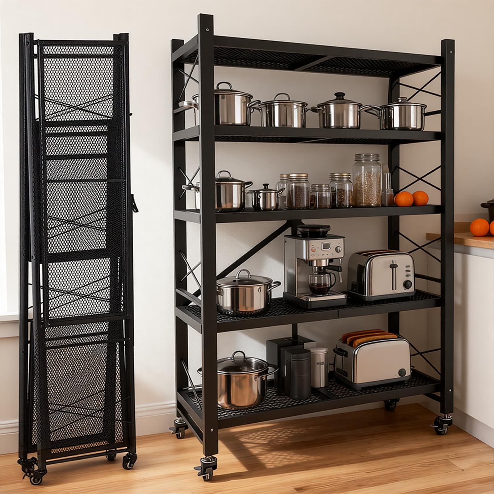 Scaffali pieghevoli Sto Heavy Du Ga, scaffalatura in metallo adiubile, senza montaggio in filo metallico, con ruote, per cucina, dispensa, magazzino (5 ripiani, 1 confezione)