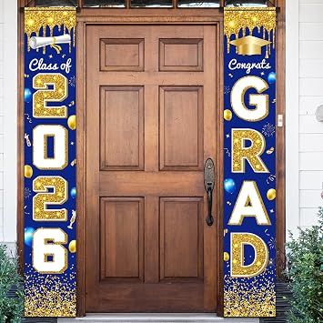 2026 Graduation Party Decorations - Congrats Grad Banner Class of 2026 Congrats GRAD Porch Sign Banner for High School and College Graduation DecorationsBlue Gold
