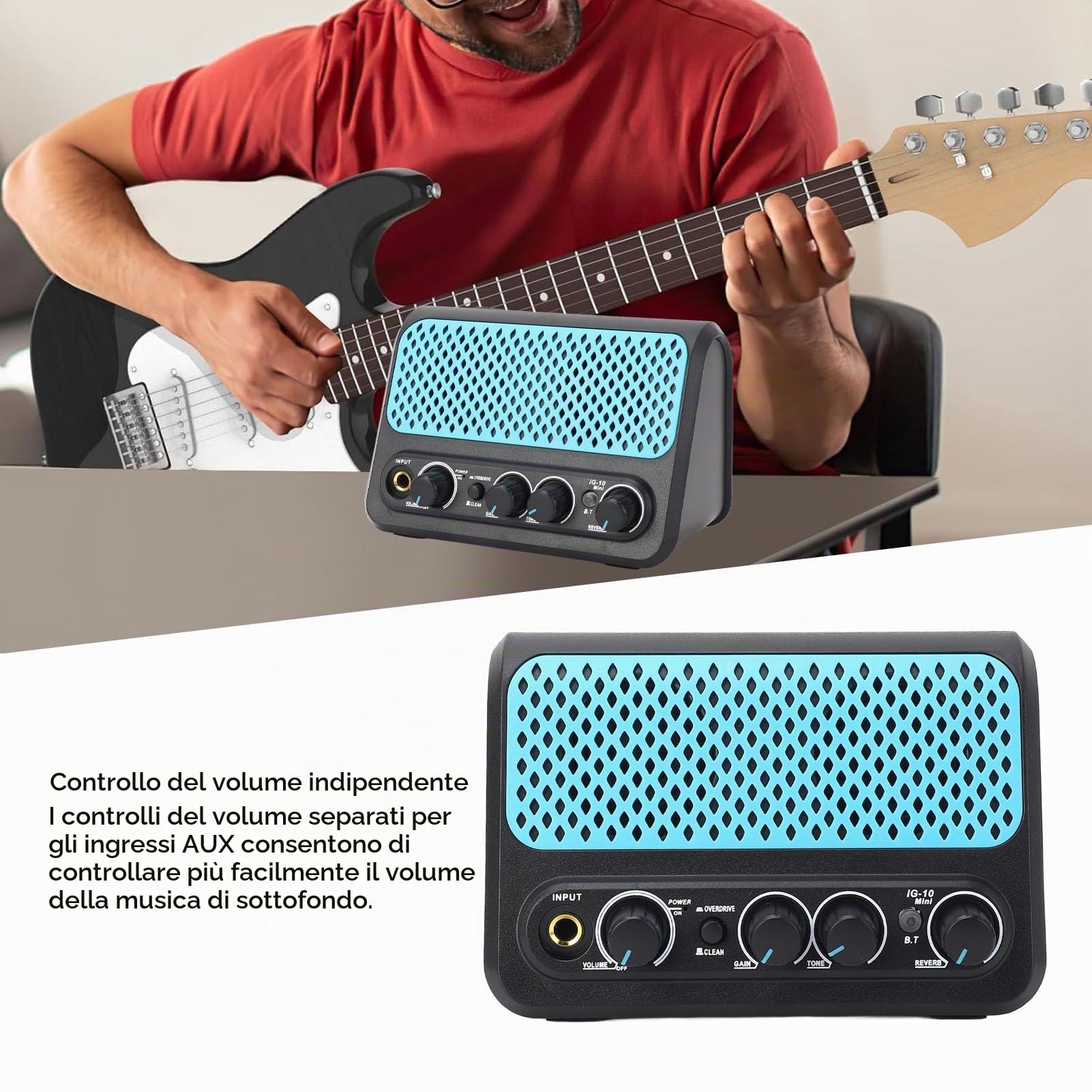 Amplificatore di Chitarra Elettrica Portatile 10W con Amplificatore di Chitarra Pulito, Mini Chitarra, Distorsione, Effetti Overdrivi e Riverberi, Amplificatore di Pratica Ricaricabile per la