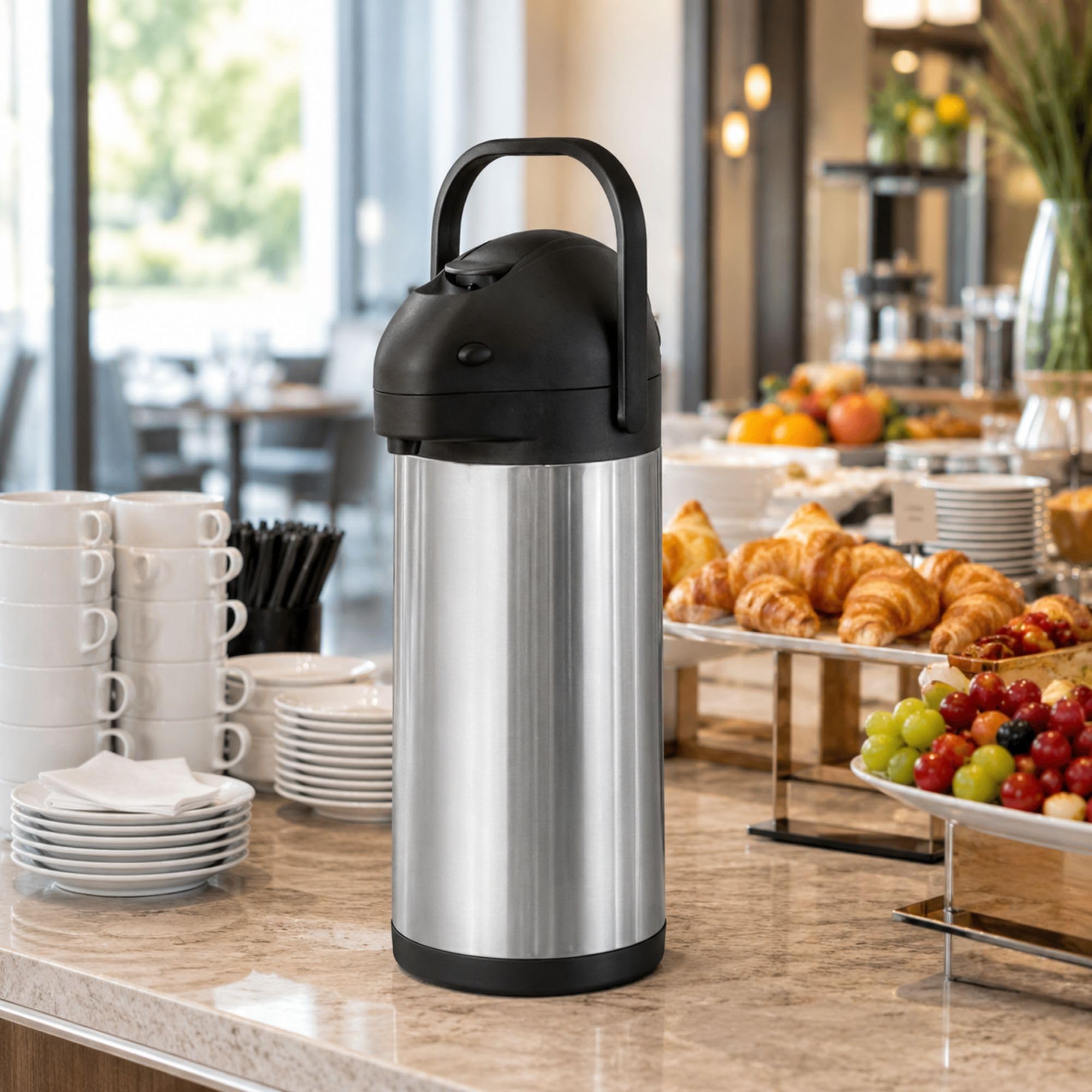 Restaurantware Met Lux 3 Liter Kaffeespender 1 Pumphebel Kaffeepumpspender – 24 Stunden Wärmespeicherung, eingebauter Griff, silberfarbener Edelstahl, Airpot Thermo-Kaffeekaraffe für Flughäfen