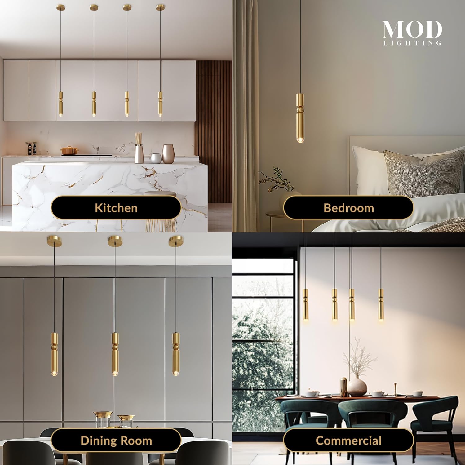MOD LIGHTING Jetta | Modern Gold Pendant Light Fixtures, Ambient Hanging Lights for Kitchen Island, Small Bedroom Lighting, Dimmable LED Bulbs Included, 1 Pack (Gold | 60" | Warm White)