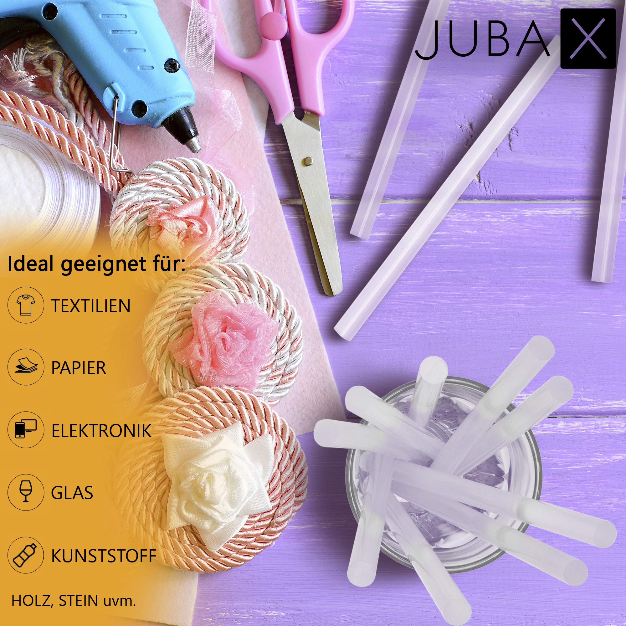 JubaX 50 bastoncini di colla a caldo di alta qualità, per piccole pistole a colla. Cartucce trasparenti per un collegamento extra forte, ideali per decorare e bricolage. Made in Germany