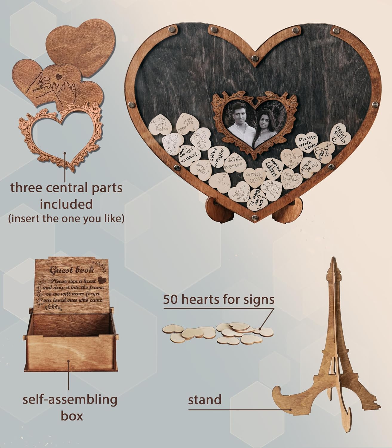 RIZONE Rustic Wedding Guest Book, Heart Drop Guest Book, Personalized Wedding Guest Book Alternative, Heart Frame Wedding Guest Book, Guest Book Sign, Wedding Decor, Wooden Drop Box (oak-ebony50)