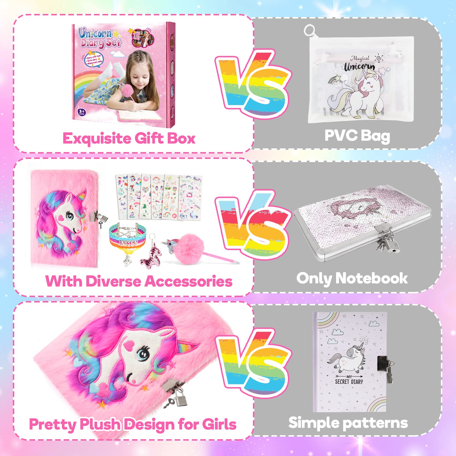 HappyKidsClub Diario Segreto Bambina, Unicorno Regalo Bambina 3-14 Anni Block Notes con Penne Portachiavi Adesivi Unicorno Braccialetto Bambina Compleanno Unicorno Giocattolo Giochi Bambina 3-14 Anni