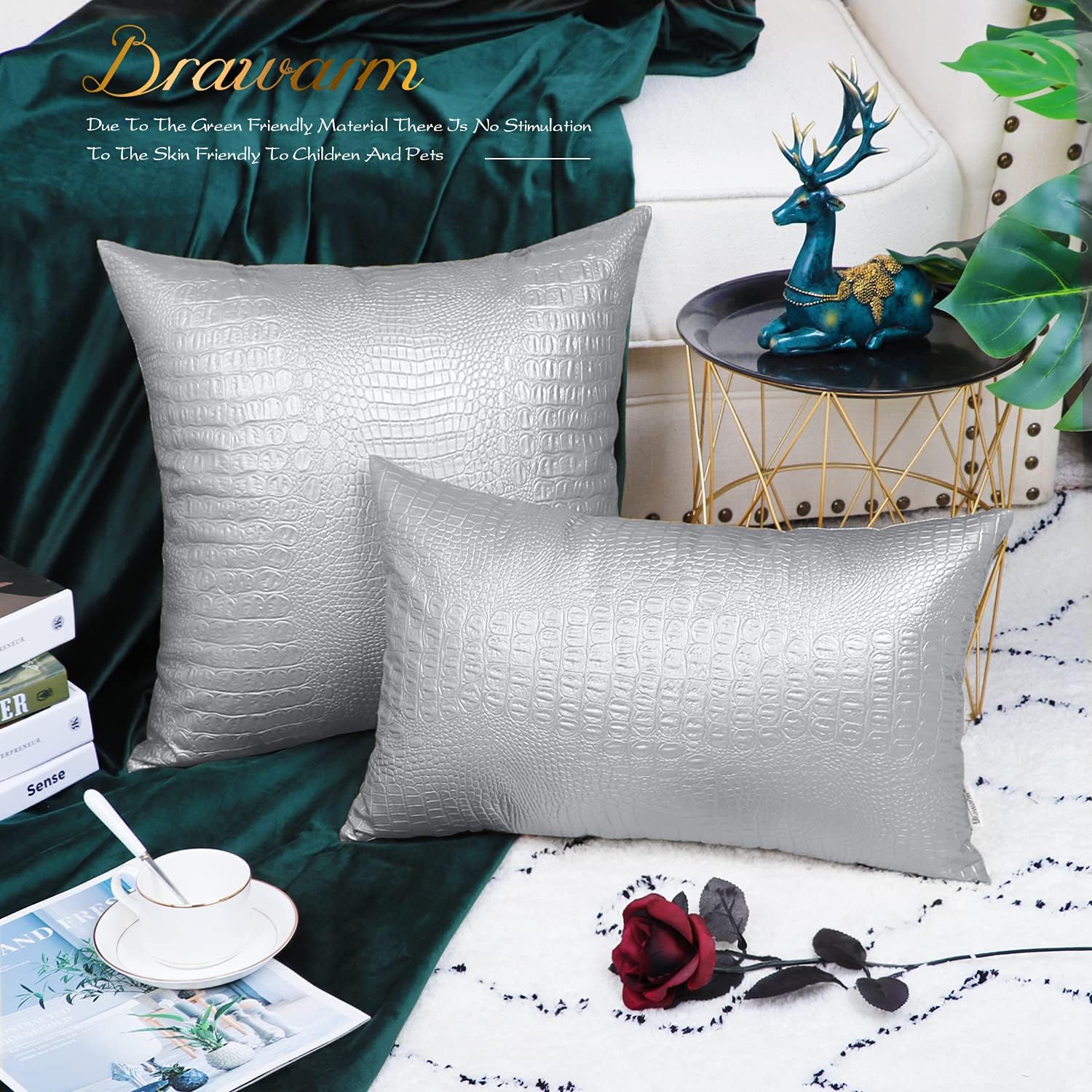BRAWARM Faux Leather Pillow Covers 22 X 22 Inches, Silver Leather Pillow Covers Pack of 2, Crocodile Leather Decorative Throw Pillows for Living Room Couch Bed Sofa Home