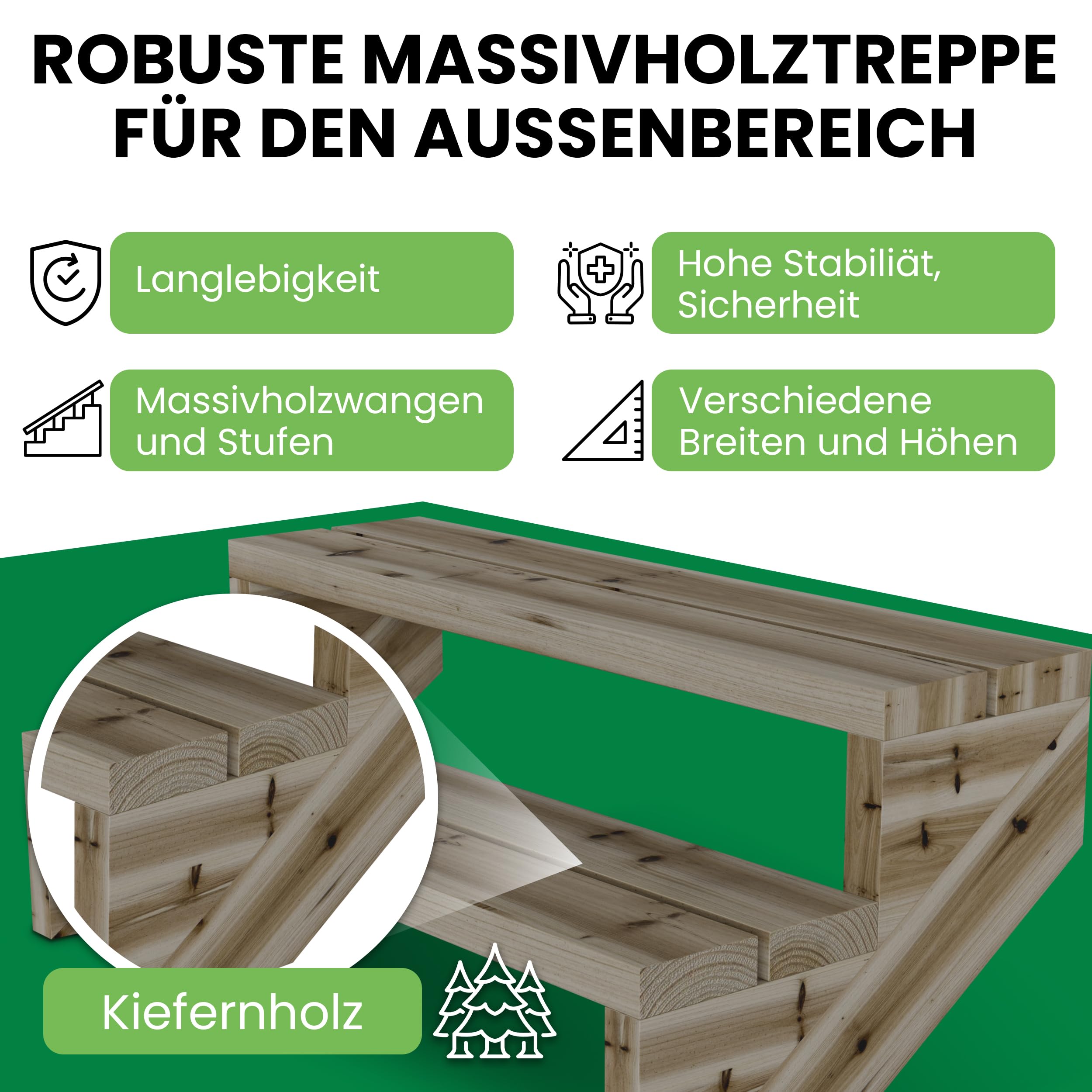 Gartenwelt Riegelsberger Escalera de terraza de pino impregnado – 95 cm de ancho, 2 peldaños, altura total 38 cm – Escalera exterior de madera maciza resistente a la intemperie con mejillas, tablones