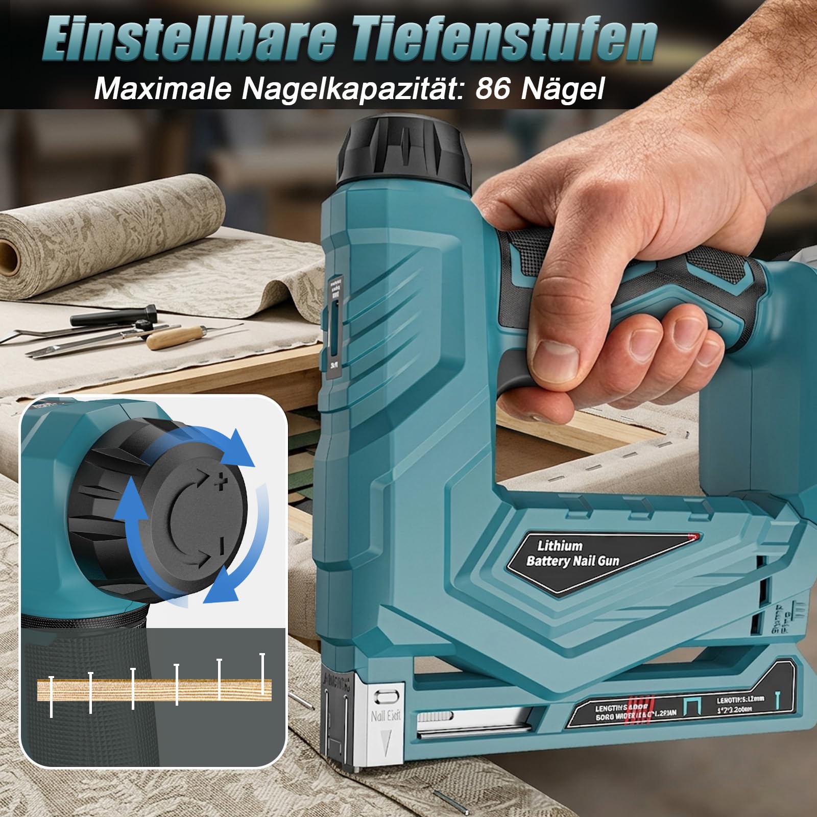 YEARTOP 2-IN-1 Akku Tacker, Elektrotacker für Bastelarbeiten/DIY/Polster | Kompatibel mit Makita 18V Akku, 2 Modi Typ 53 (6-14mm) & 18GA (6-15mm), 2 X 2000mAh Akkus & 2000 Nägel