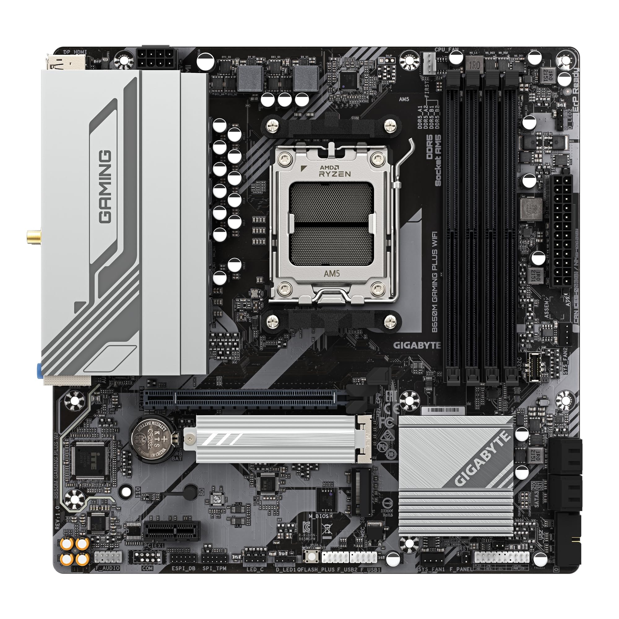 GIGABYTE B650M Gaming Plus WiFi Carte mère - Processeurs AMD Ryzen 9000, VRM 5+2+2 Phases, jusqu'à 8000 MHz DDR5, 2xPCIe 4.0 M.2, LAN 2.5GbE, WiFi 6E, USB 3.2 Gen 1