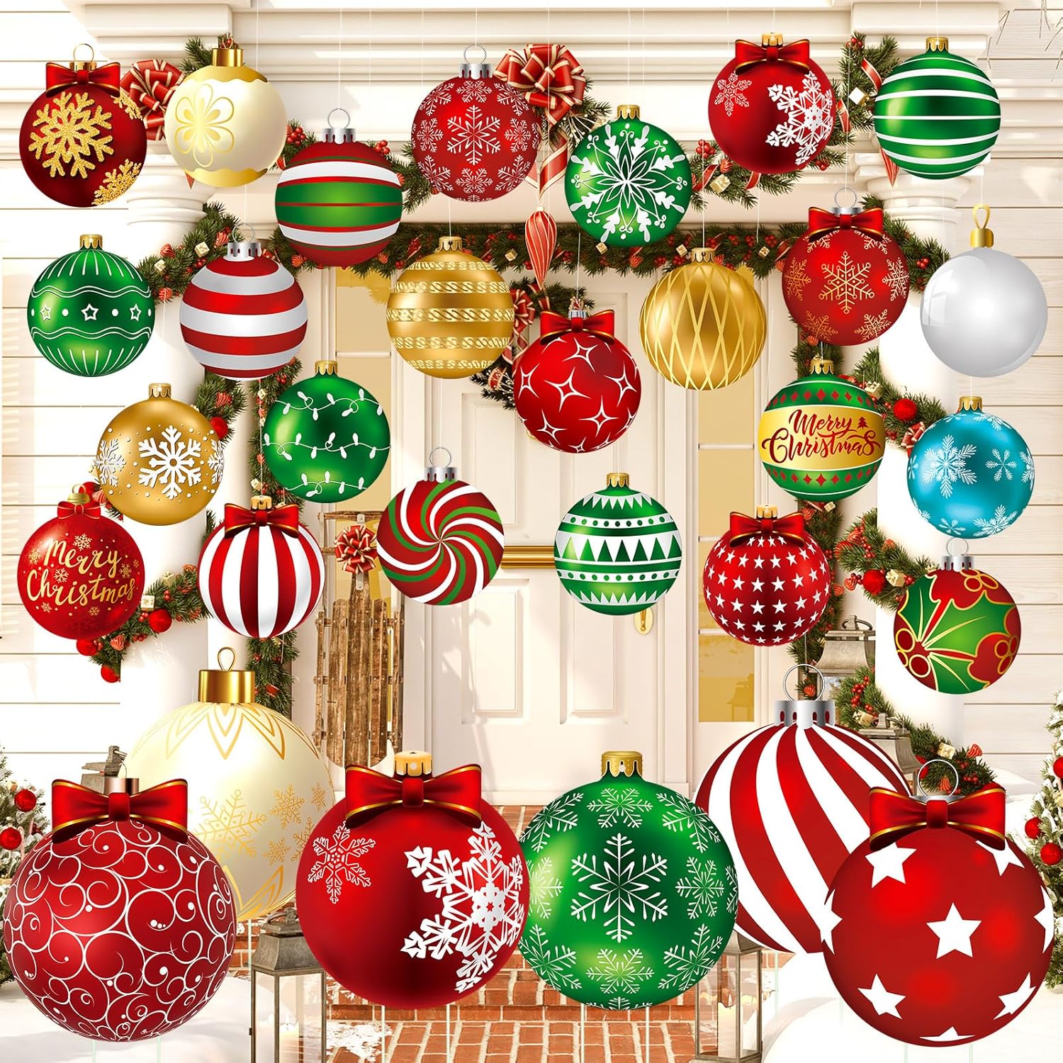 Huwena 30 Pcs Christmas Outdoor Hanging Decorations Snowflakes Candy Yard Signs Include 6 Plastic Yard Stakes 24 Double Sided Ornaments for Christmas Winter Holiday Garden Tree Decor (Ball)