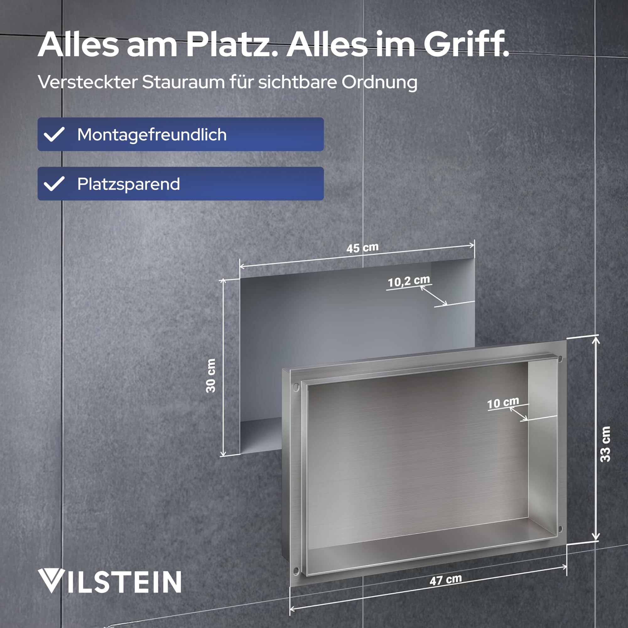 VILSTEIN Wandnische Dusche 30x45 cm [ROSTFREI] - Randlose Duschnische - Wandnische Silber - Einbauregal für Dusche im Unterputz - Randloses Duschregal mitVersenkte Duschnische für das Badezimmer