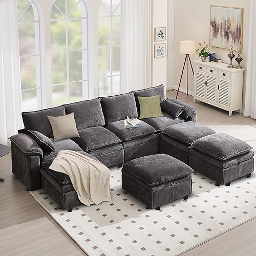 129” Modular Sectional Sofa U-Shaped, Chenille Fabric Small Space Couch, Comfortable Apartment Living Room Sofa with 2 Pillows(8 Seats Grey)