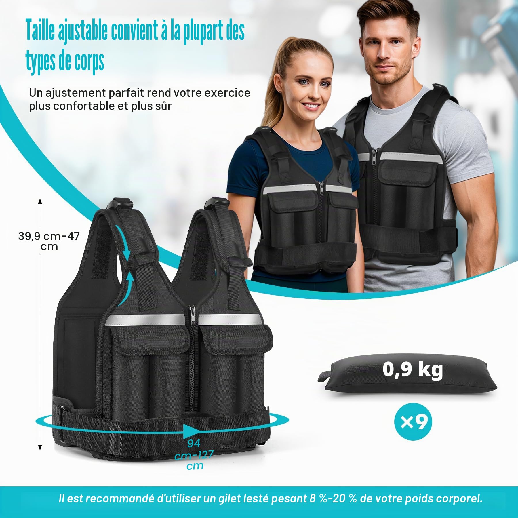 Gilet lesté pour femmes et hommes, Gilets lestés ajustables 0,45 kg-8,6 kg, Gilets lestés lavables pour course à pied, entraînement en force, course, marche, fitness, renforcement musculaire, perte de