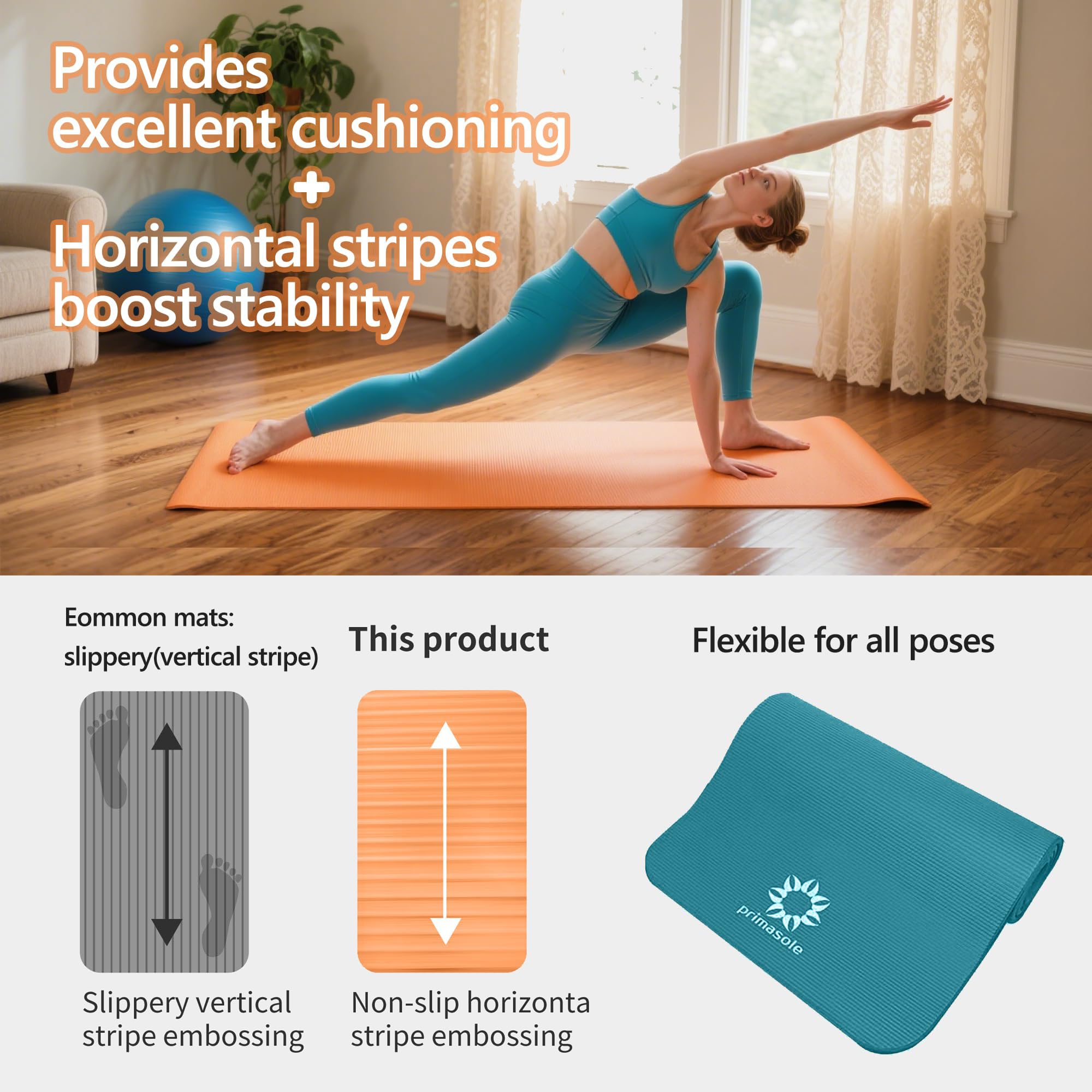 Primasole Tapete de yoga grueso, tapete de NBR extragrueso de 1/2 pulgada con estabilidad mejorada, diseño texturizado, tapete ligero con correa de transporte y funda para yoga, pilates, gimnasio y