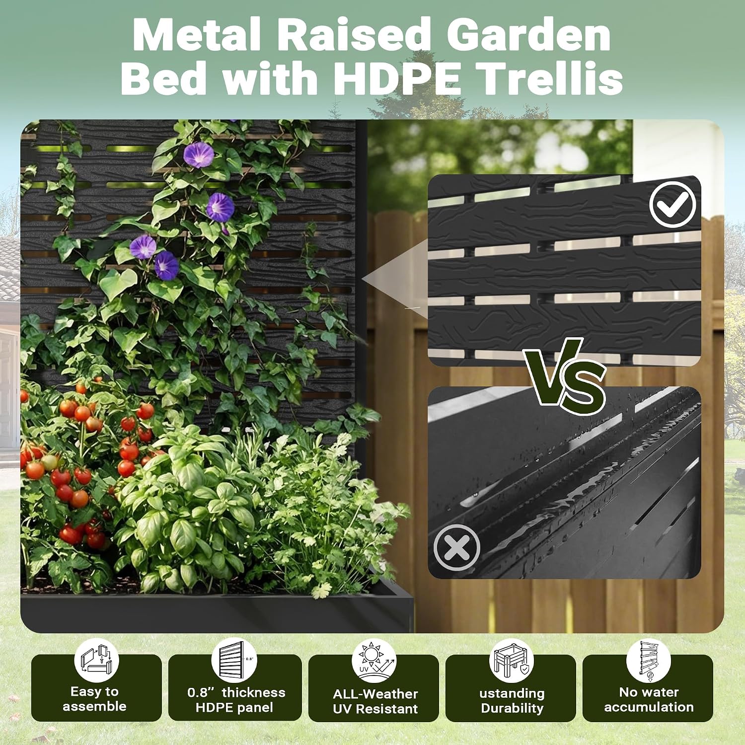 Metal Raised Garden Bed with Trellis, 35"x16"x47" Planter Box for Vegetables & Climbing Plants, Outdoor HDPE Privacy Screen Planter with Drainage Holes for Patio, Backyard, Garden