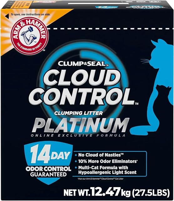 ARM & HAMMER Platinum Cat Litter, Cloud Control, Extra Strength with 14 Days of Odour Control, Multi-Cat Clumping Cat Litter with Hypoallergenic Light Scent, 12.47kg (Pack of 1)