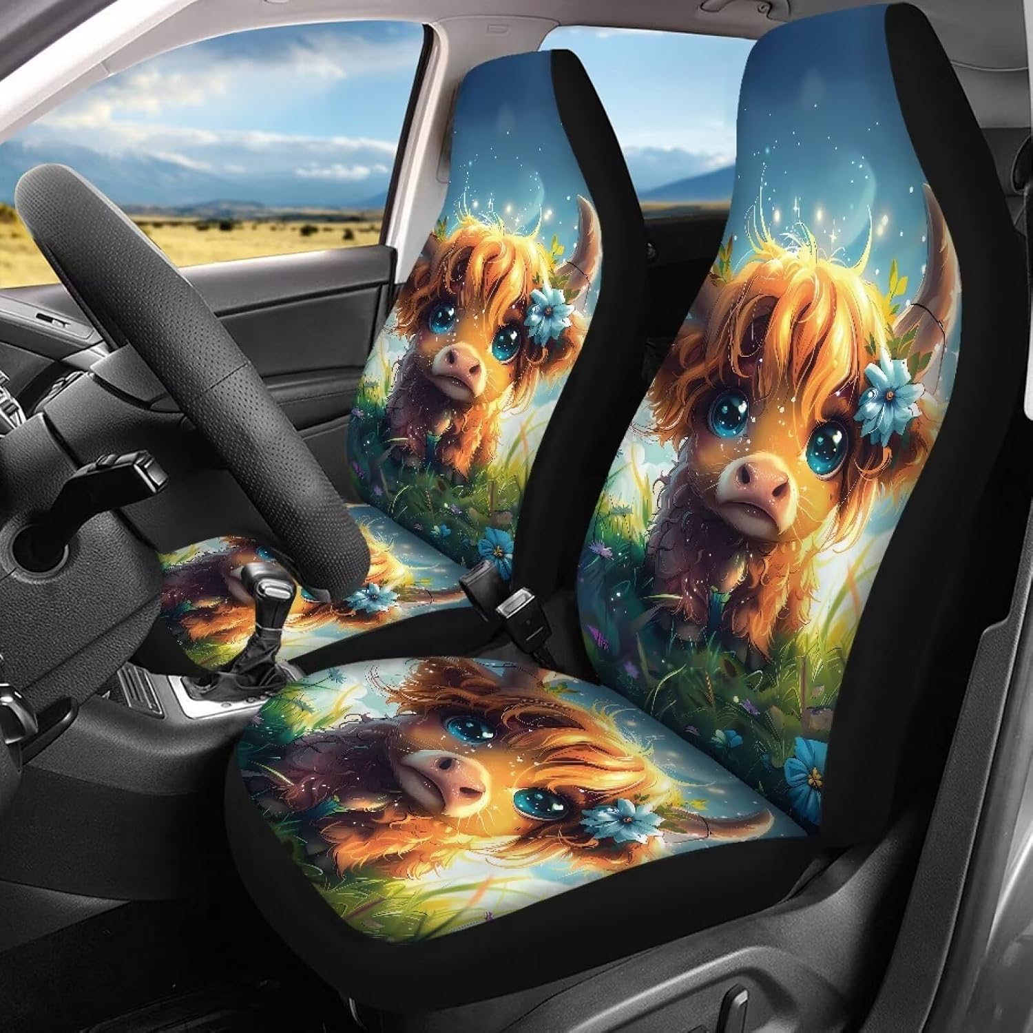 Wanyint Cute Highland Cow Car Seat Cover Full Set Breathable Front Seat Rear Backrest Bottom Cover Protector Auto Interior Accessories for Car Interior Decor image 2