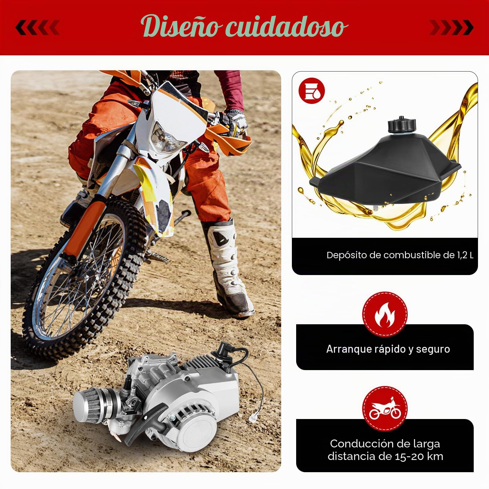 Motor Minimoto 49cc, 1,9 kW/7000rpm Minimoto Gasolina, 49,85cc Mini Moto Gasolina, 2 Tiempos Moto 49cc, 3CV Motor de Gasolina de 1,2 Litros, Capacidad de Carga de 180kg