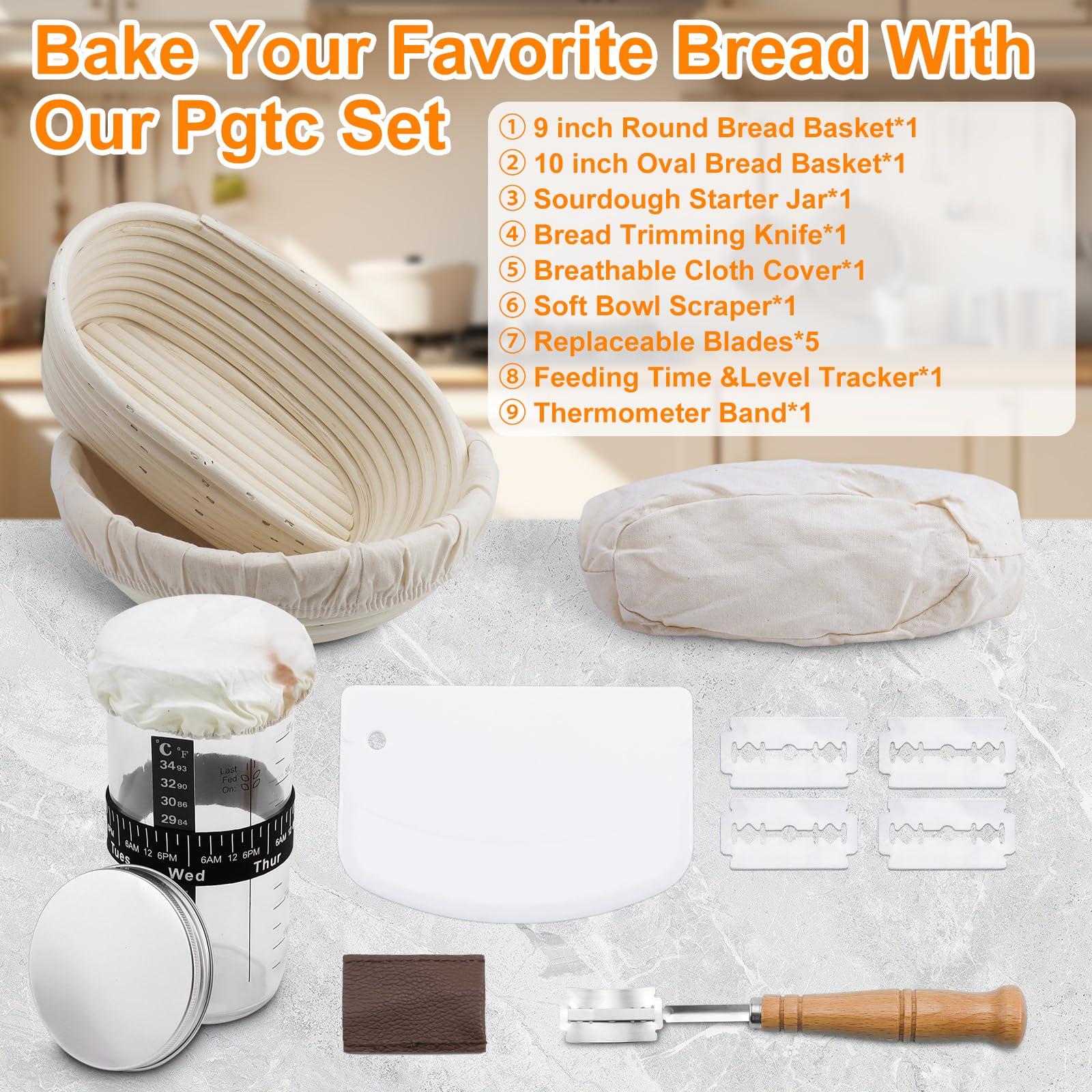 Kit Completo para Masa Madre,Cesta de Pan De Levadura De 2 Pcs Con Forro,Eslinga De Pan De Silicona,Tarro De Levadura,Amasadora,Cepillo De Silicona,Rascador de Cuenco,Juego Rascadores de Masa(B)