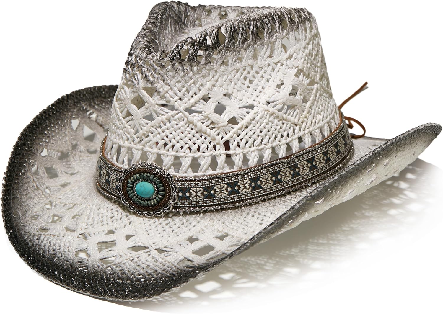 Western Straw Cowboy and Cowgirl Hats with Decorative Bands - Unisex Wide Brim Raffia Style Sun Hat One Size-Medium White With Grey