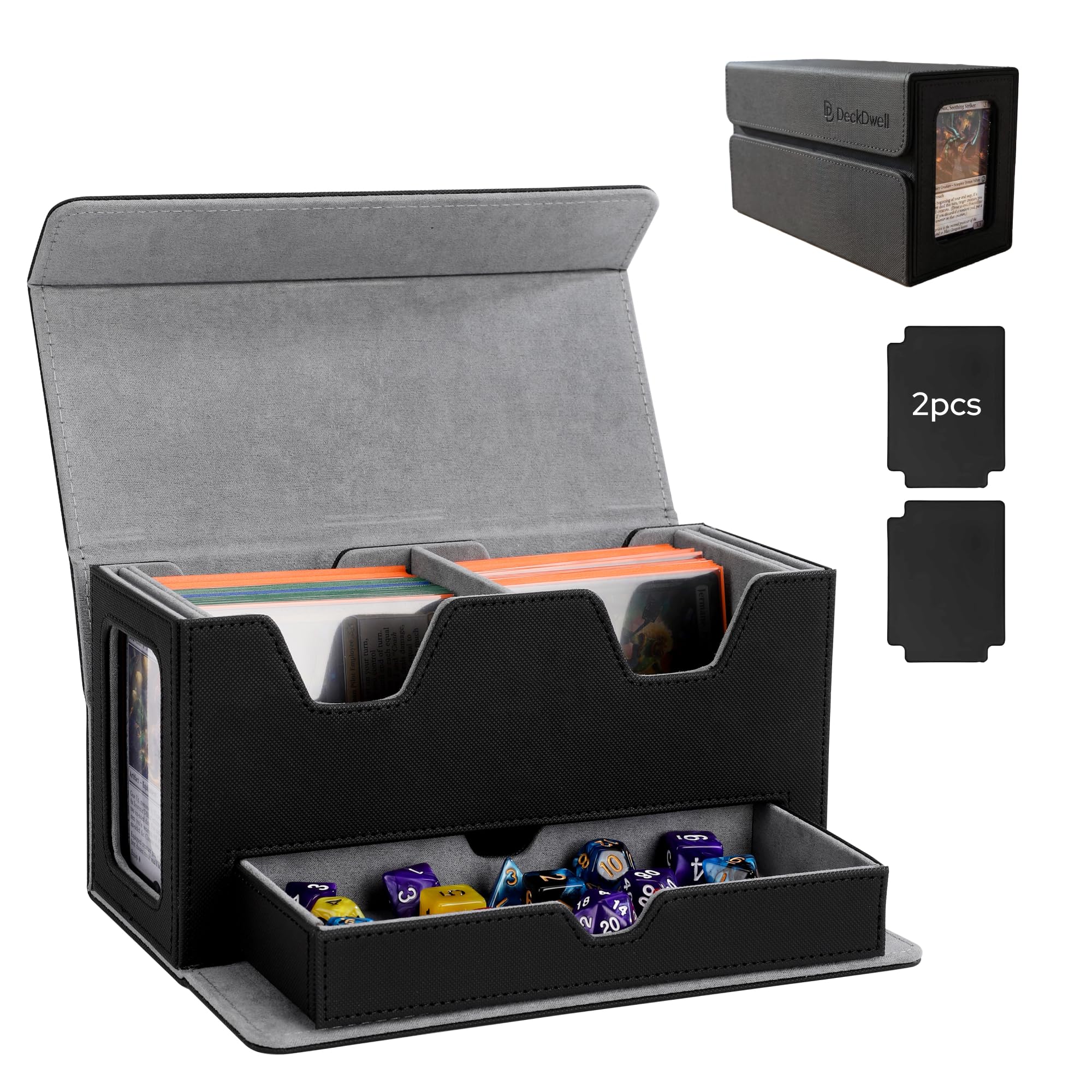 Deckdwell Black Double Deck Box, Mtg Commander Box With 2 Commander Display & 1 Dice Tray, Fits 200+ Double Sleeved, Tcg Deck Box For Ccg Tcg Sports