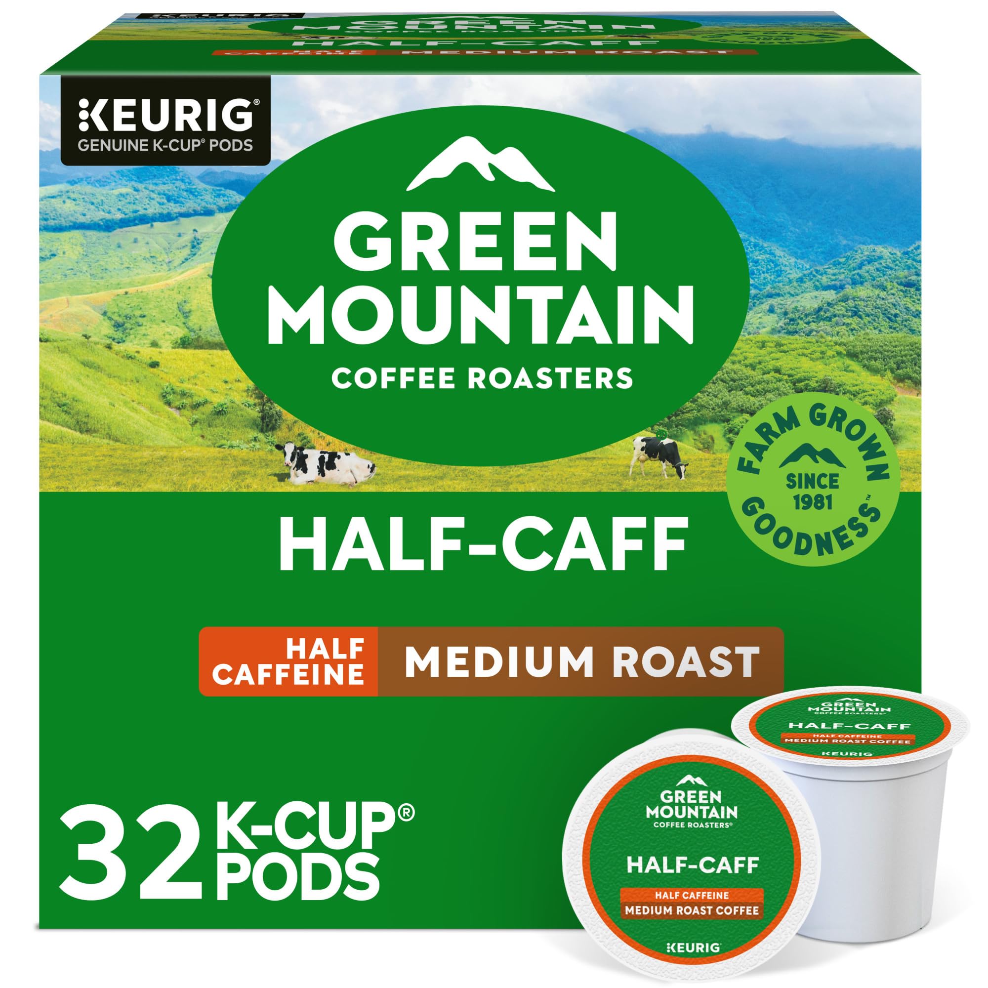Green Mountain Coffee Roasters Half Caff Keurig Single-Serve K Cup Pods, Medium Roast Coffee, 32Count, Half Caff, 32Count