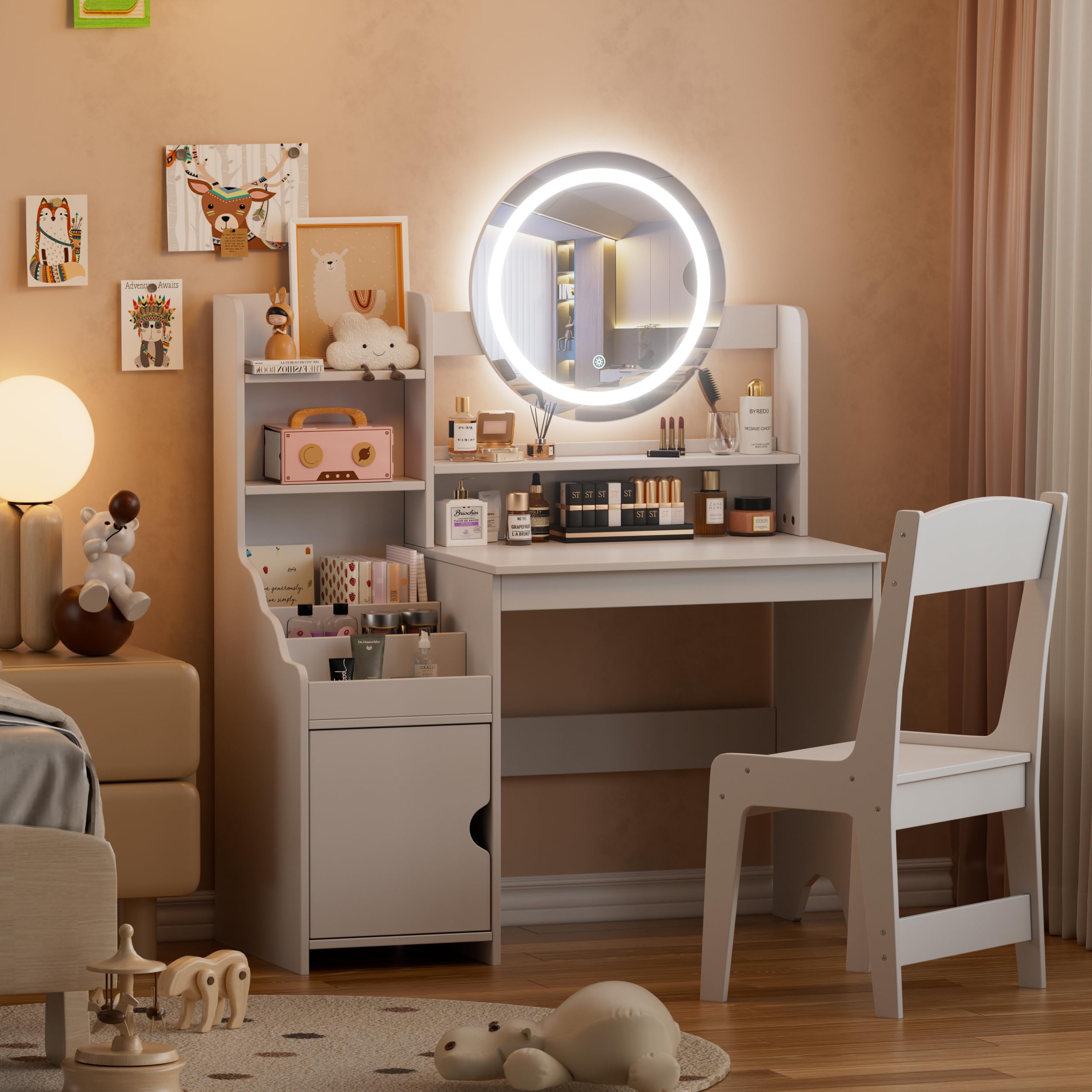 Kids Vanity,Princess Vanity Set with Lighted Mirror,2 in 1 Makeup Vanity with 3-Color Lights,3 Compartments and Storage Cabinet, Vanity Set with Stool for Little Girls,White