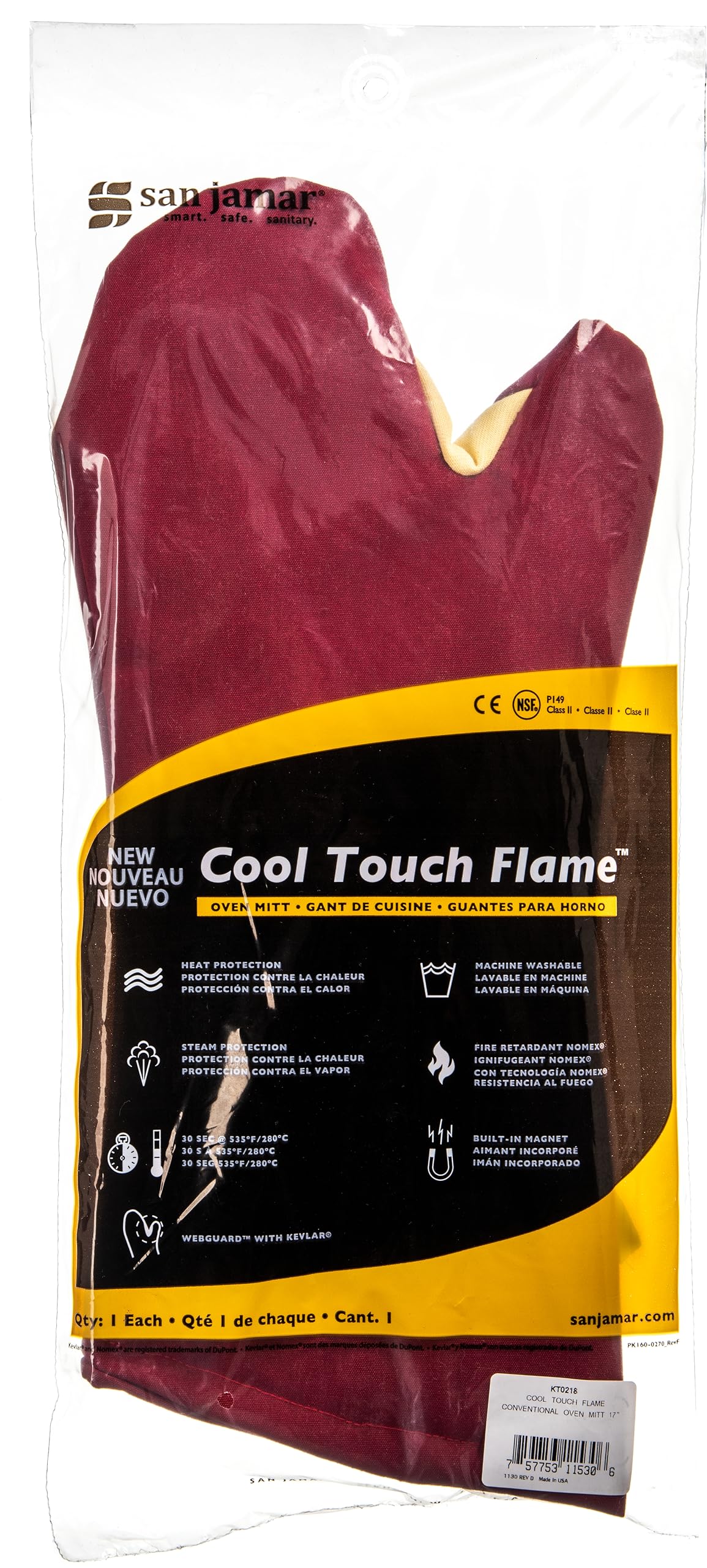 San Jamar KT0218 Gant anti-brûlures Cool Touch Flame, Modèle traditionnel, Jusqu’à 280 Degré C