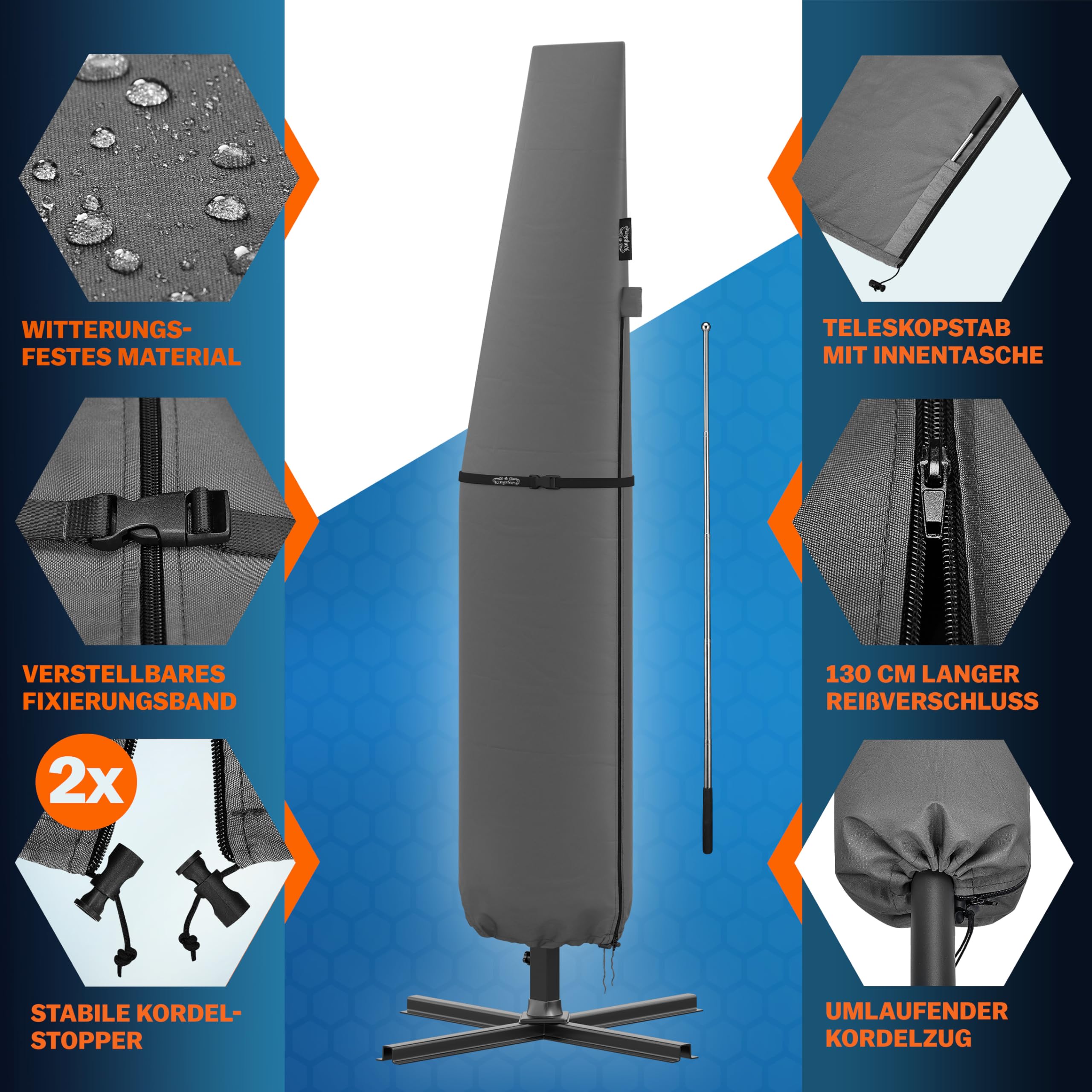 KINGSLEEVE® Sonnenschirm Schutzhülle mit Stab bis Ø 350 cm Winterfest Groß Ampelschirm Gartenschirm Abdeckung Abdeckhaube Hülle Plane Schirmhülle Grau