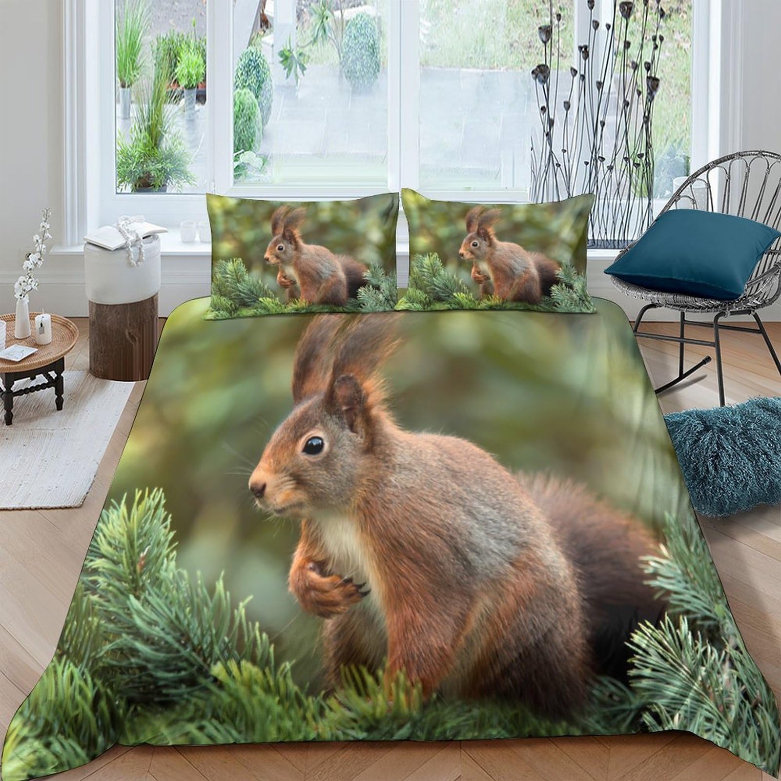 Ctjqhvkz Style-7 3D Printed Squirrel Forest Fitted Sheet Microfiber Soft Green Pine Mattress Cover For Bedroom Guest Room Easy Care Single（135X200cm）