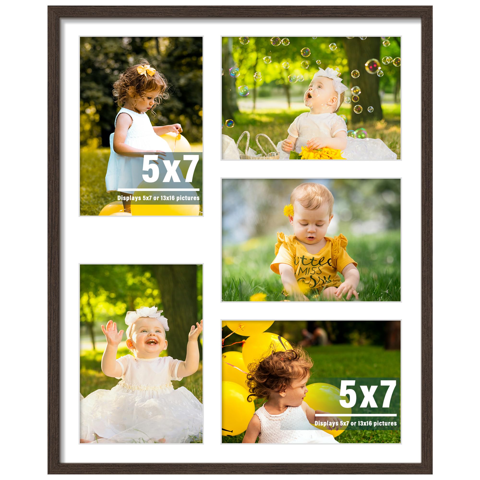 DUENPY 13x16 Picture Frame 5x7 Collage Picture Frame Displays Five 5x7 inch Photos Collage Wall Decor Wall Hanging Walnut
