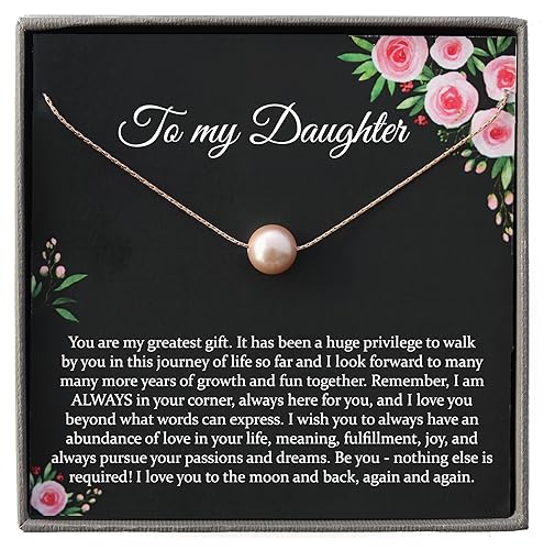 14K Rose Gold Filled Daughter Necklace from Mom or Dad, Blush Peach Pearl Necklace with Meaningful Message